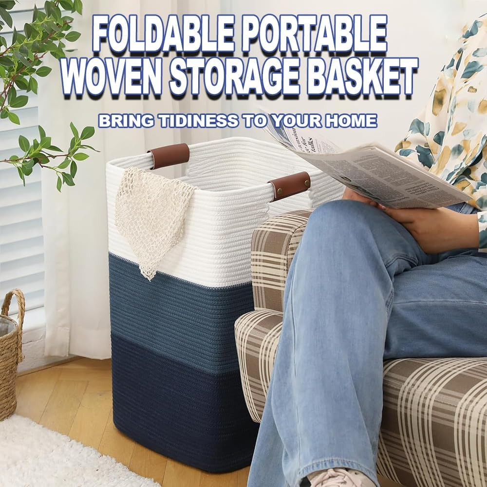 Laundry Basket, Large Laundry Basket, Decorative Cotton Rope Woven Basket, Cotton Woven Storage Basket with Leather Handles for Living Room, Bedroom, Blankets, Clothes (White Blue) image number 4