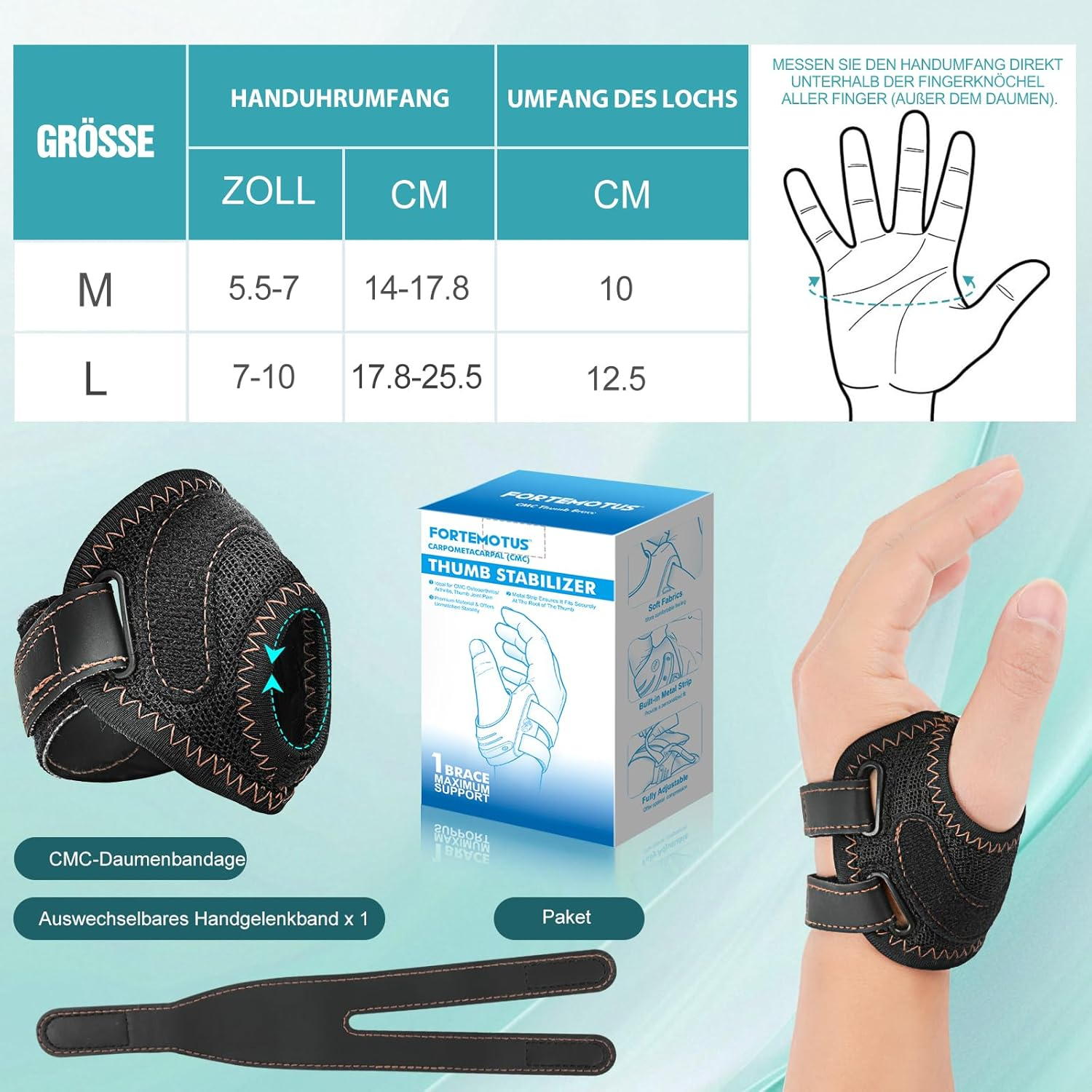 FORTEMOTUS CMC Thumb Orthosis for Saddle Joint Osteoarthritis with 2 Adjustable Straps for Relief from Rhizarthrosis and Base Instability, Left, L, 19-26 Cm image number 6