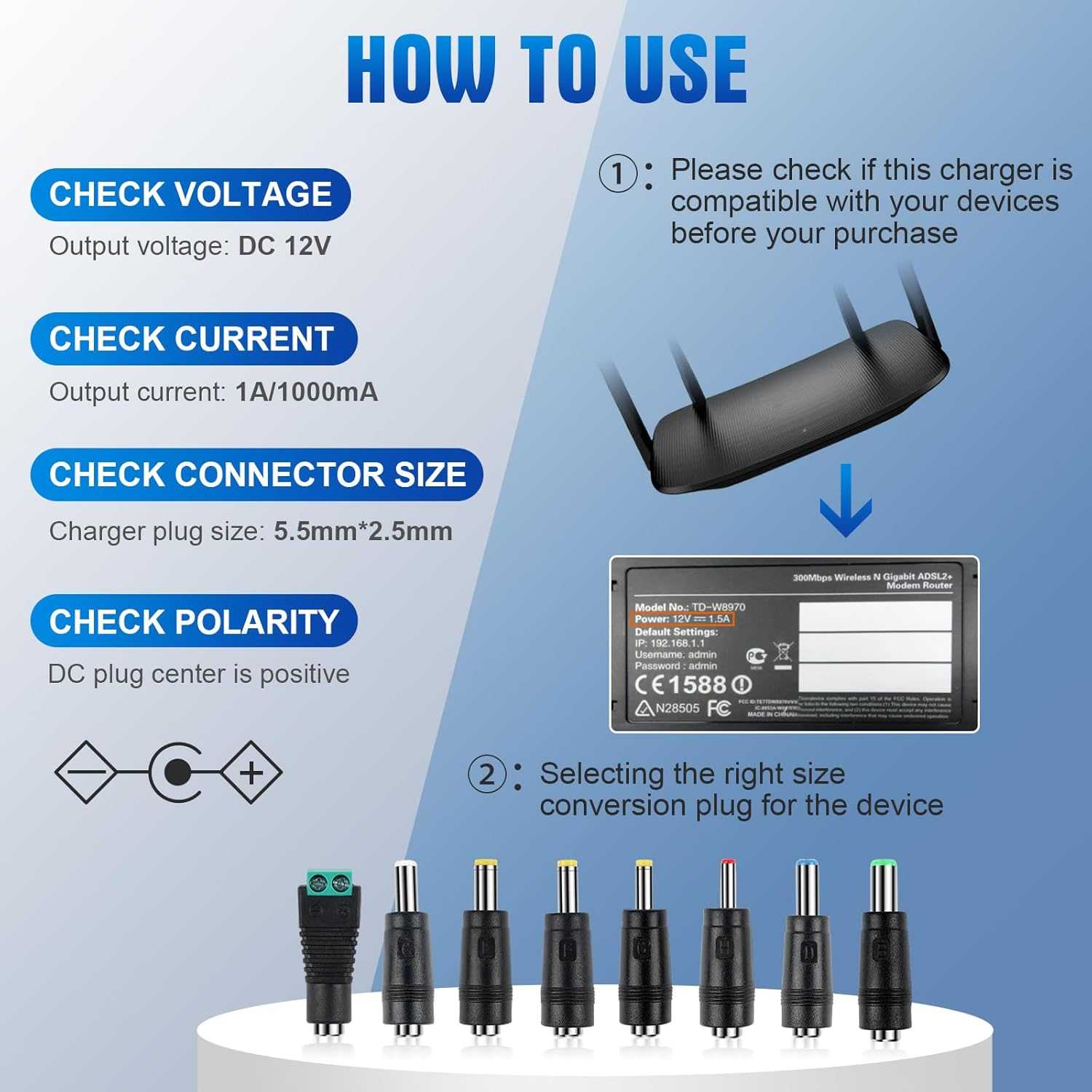 YOSHINE Power Supply Adapter &ndash; Universal 12V 1A AC to DC Adapter with 8 Adapter Plugs, SAA Listed Power Supply Converter Adapter for Diffuser Humidifier, LED Strip, Monitor, Router and More (1.5M) image number 5