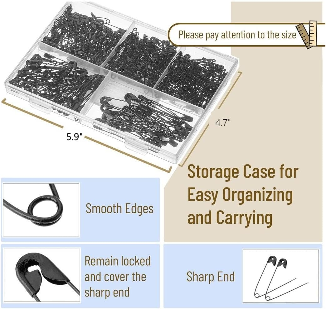 HIGHROCK Safety Pins Assorted, 300 Pcs Safety Pins for Clothes Costume, 5 Sizes Heavy Duty Safety Pin Forsewing Crafts Art Supplies (Black) - Black image number 5