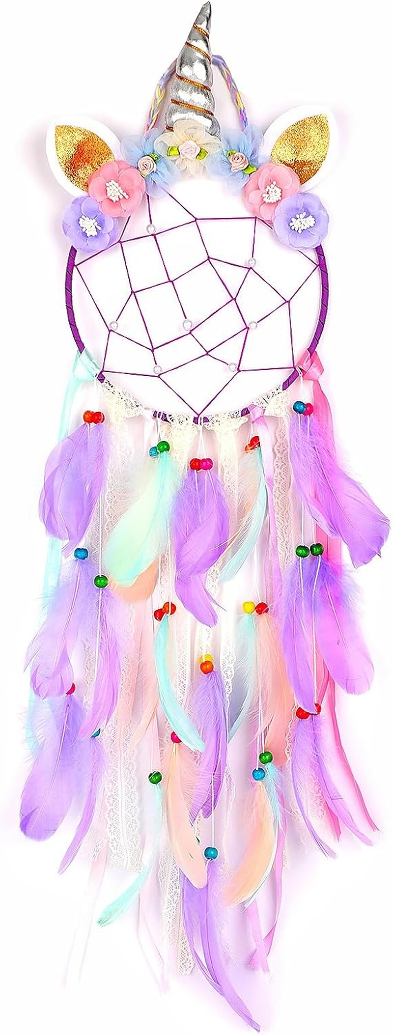 Taefuhnn Unicorn Dream Catcher Wall Hanging Ornament with Colorful Feathers Beads for Baby Girls Bedroom Decor, Purple Unicorn Dream Catcher for Home Decor Handmade Crafts Baby Shower Festival Gift image number 3