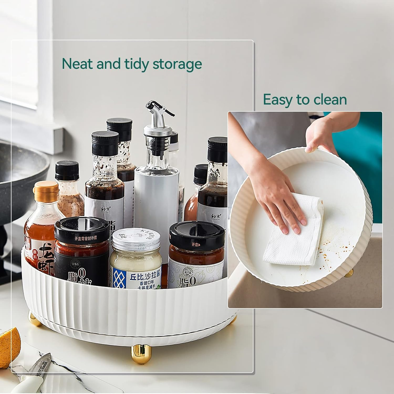KLOUZE Turntable Organiser, 22 Cm Rotating Spice Rack, 360&deg; Turntable Kitchen Non-Slip Rotating Tray for Kitchen Organisation and Storage (White) image number 5