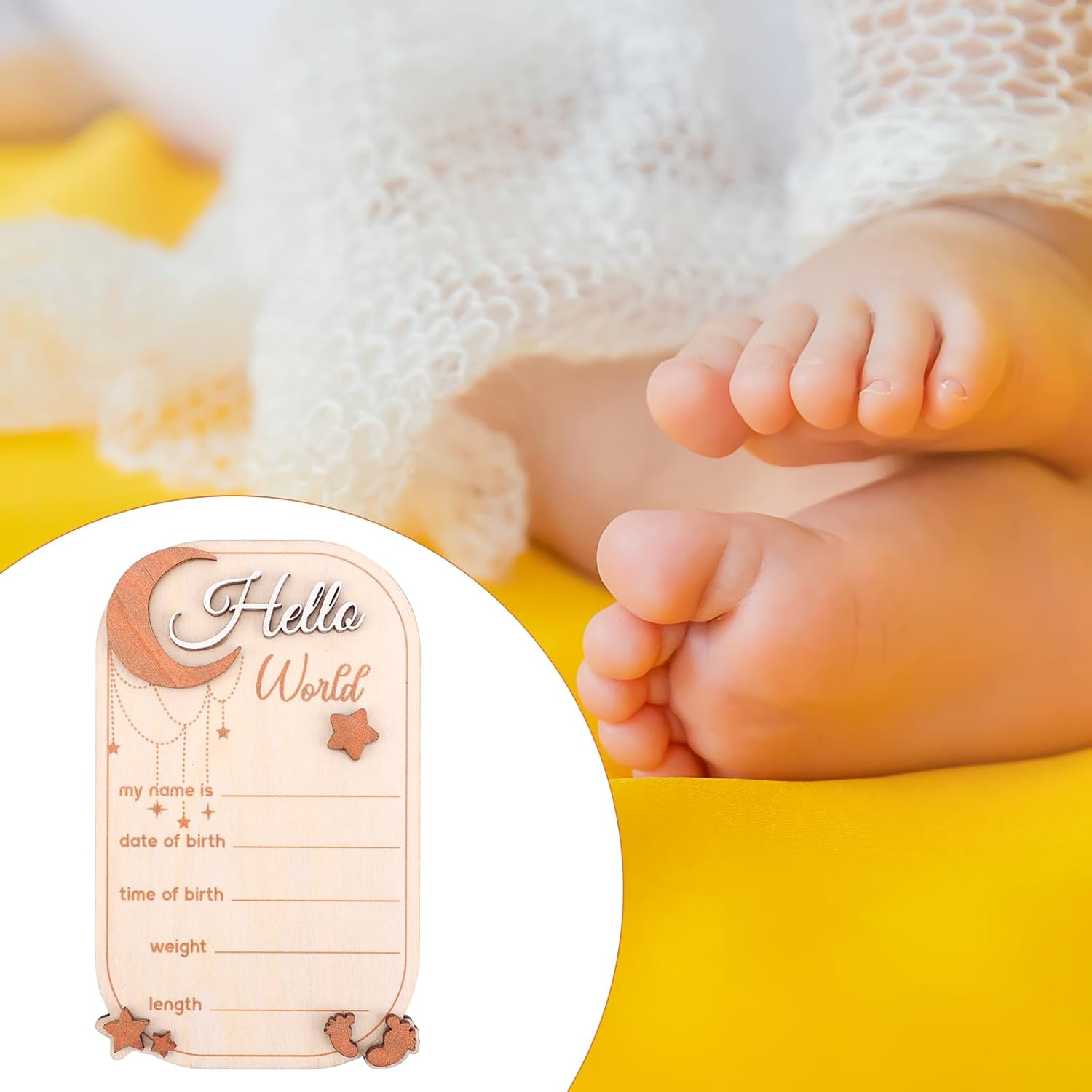 Baby Announcement Sign, Moon Star Birth Announcement Board Wooden Hello World Newborn Sign Decor Welcome Baby Sign Plaques for Photo Props Baby Shower Nursery Hospital image number 2