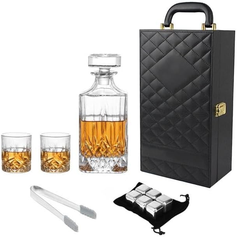 Crystal 750 Ml Whisky Decanter with 2 Glasses and 6 Stone Set- Crystal Stopper- Lead Free- Unique Addition to Home Bar D&eacute;cor, for Your Cherished Whiskey, Gin, or Any Premium Liquor