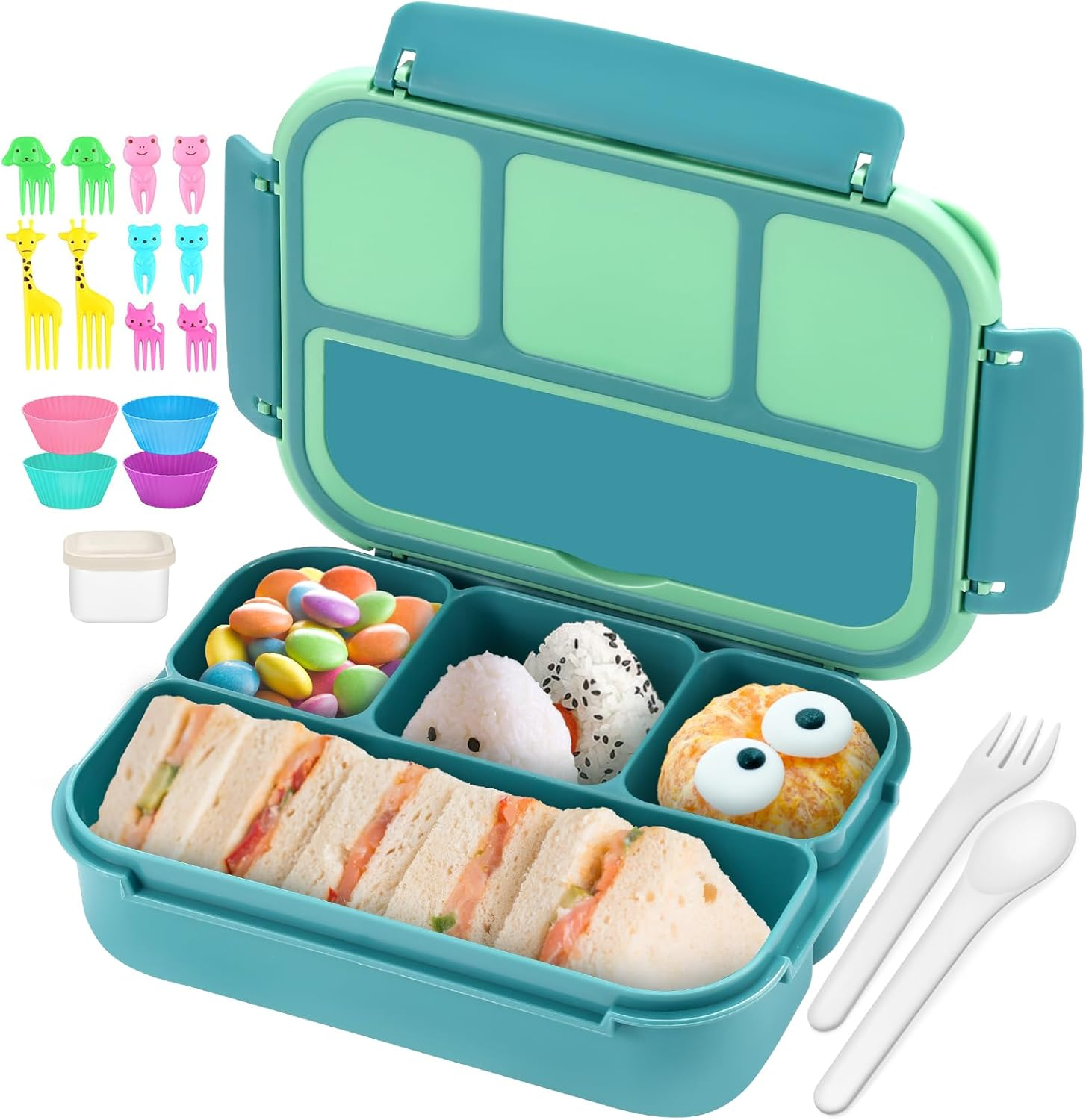 QQKO Bento Lunch Box with 4 Compartments, Sauce Container, Utensils, Food Picks and Muffin Cups for School - Purple