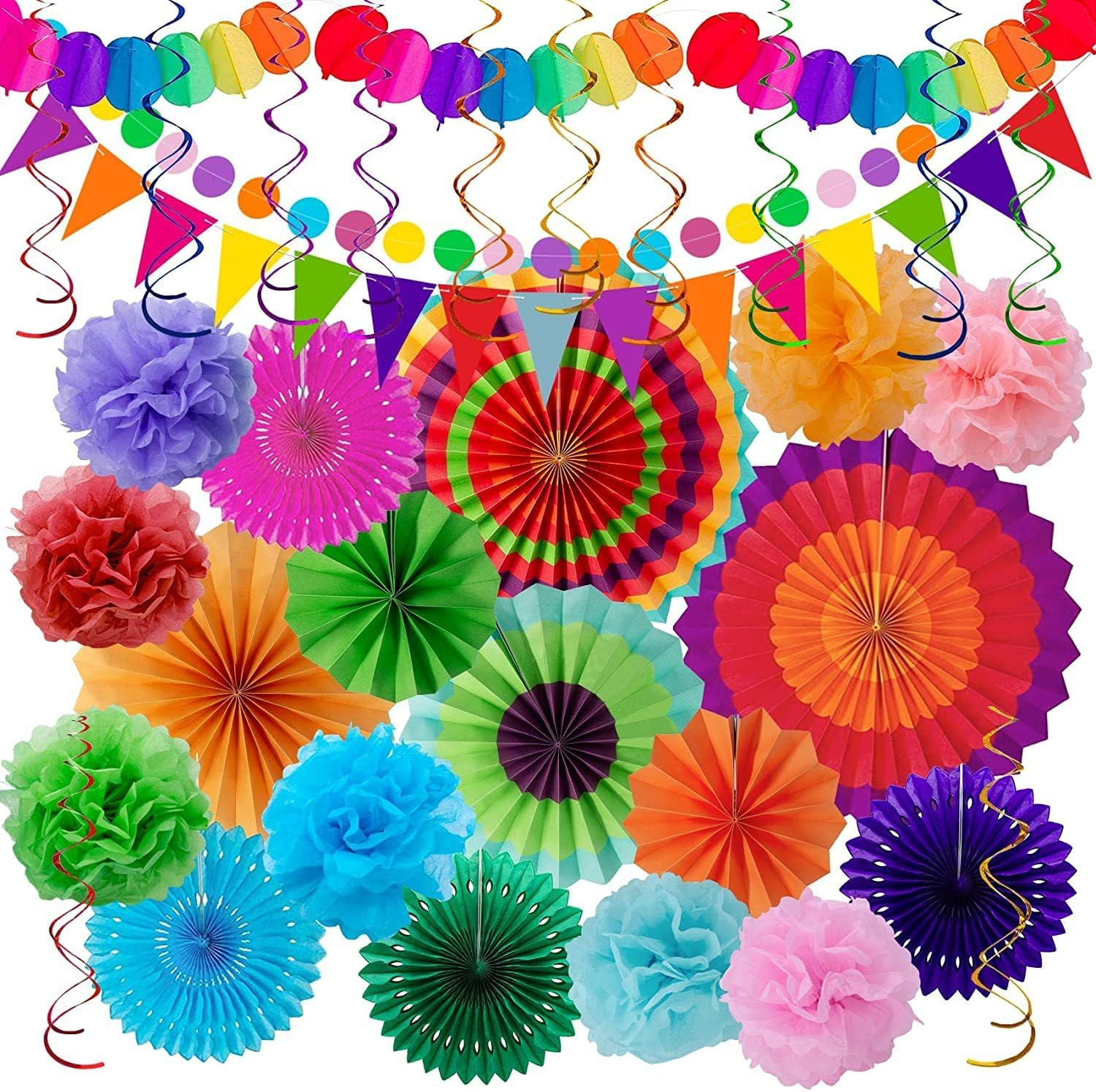 Party Decoration Set-33 Pcs! Colorful Mexican Inspired Hanging Paper Fans,Garlands String Polka Dot，Triangle Bunting Flags & Tissue Streamers - Ideal for Birthdays, Festivals & Parties