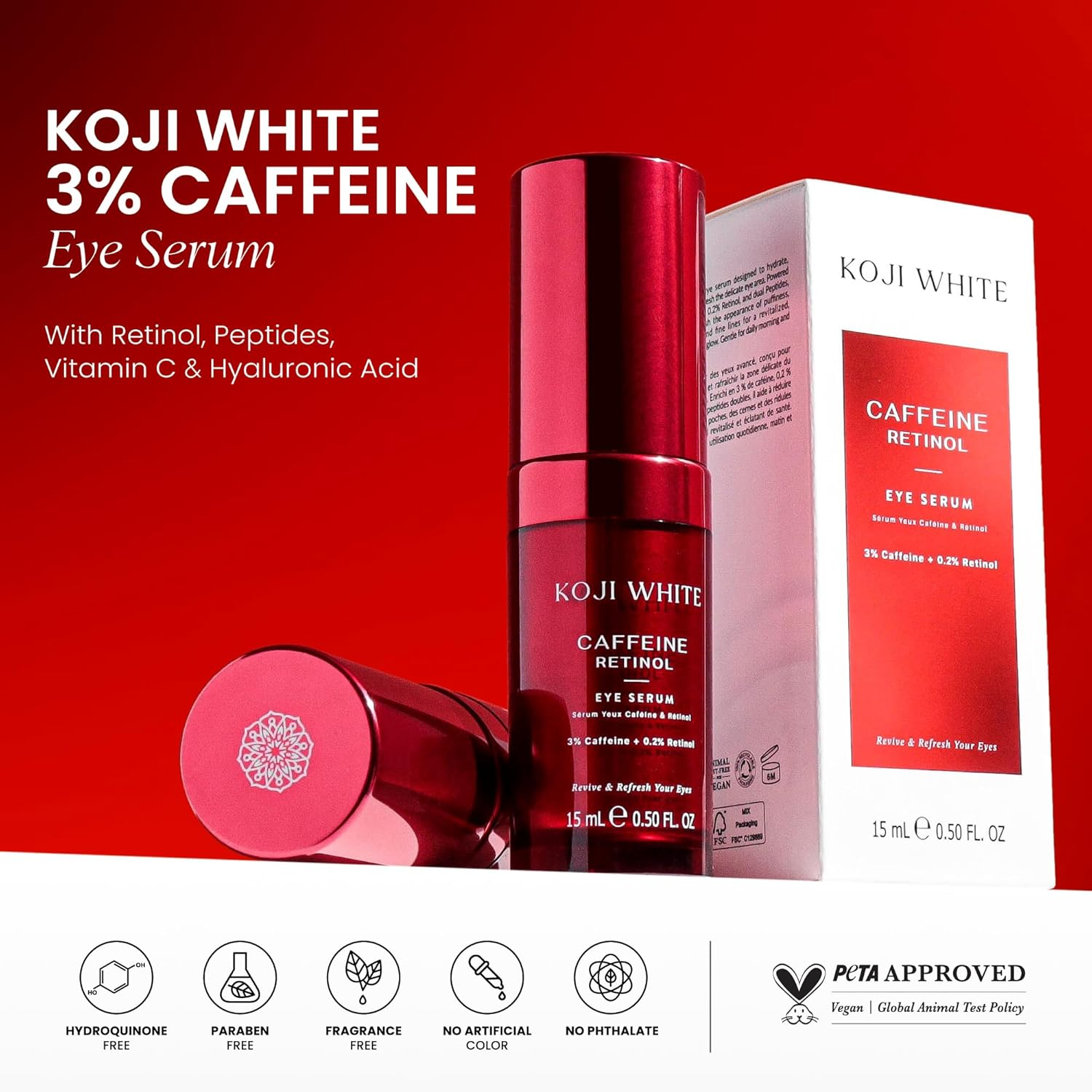 Koji White 3% Caffeine Eye Serum with 0.2% Retinol, Hyaluronic Acid & Vitamin C for Puffiness & Dark Circles - Unscented, Vegan, Fragrance-Free 15 ML (0.50 Fl Oz) image number 1