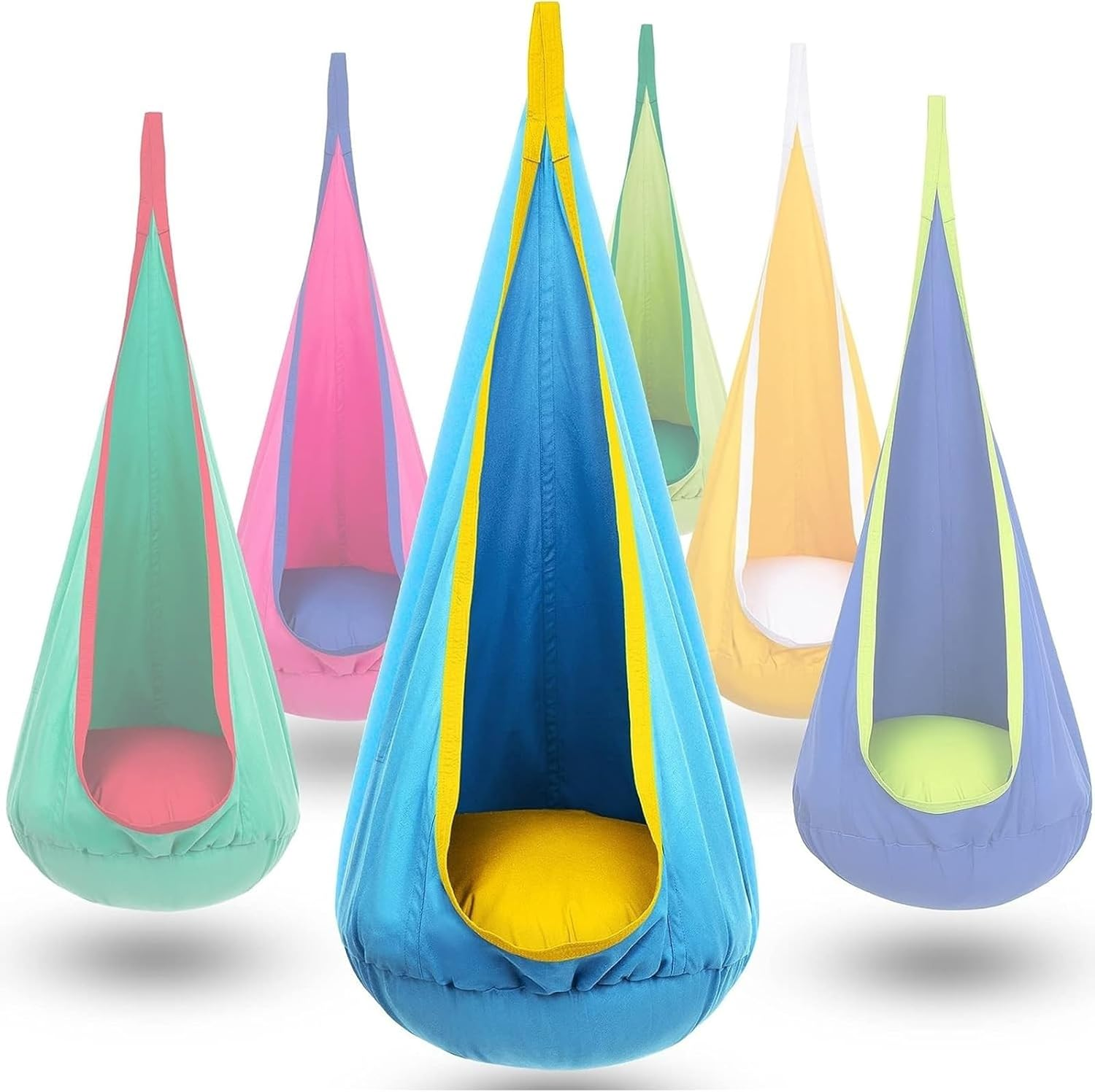 Sensory Swing, Kids Pod Swing Seat, 100% Cotton Child Hanging Hammock Chair for Indoor Outdoor with Inflatable Pillow and All Accessories, Rope Hanging Swing Seat Nest, Max 150Lbs(Light Blue)