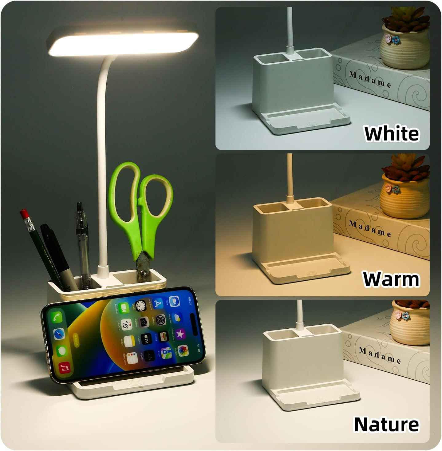 LED Desk Lamp with Stepless Dimming & Touch Switch, Flexible Gooseneck Eye-Caring Table Light, USB Rechargeable with Pen Holder & Phone Holder for Home & Office image number 5