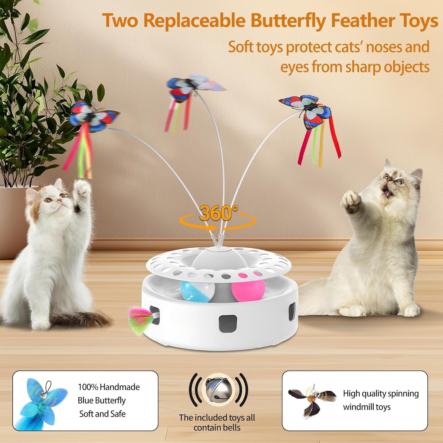 Soarer Cat Toy 3-In-1 Automatic Interactive Kitten Toy, Butterfly Dancing, Shooting Feathers, 4-Piece Toy Replacement, Track Ball, Dual Power Mode Suitable for Indoor Sports Cats image number 1