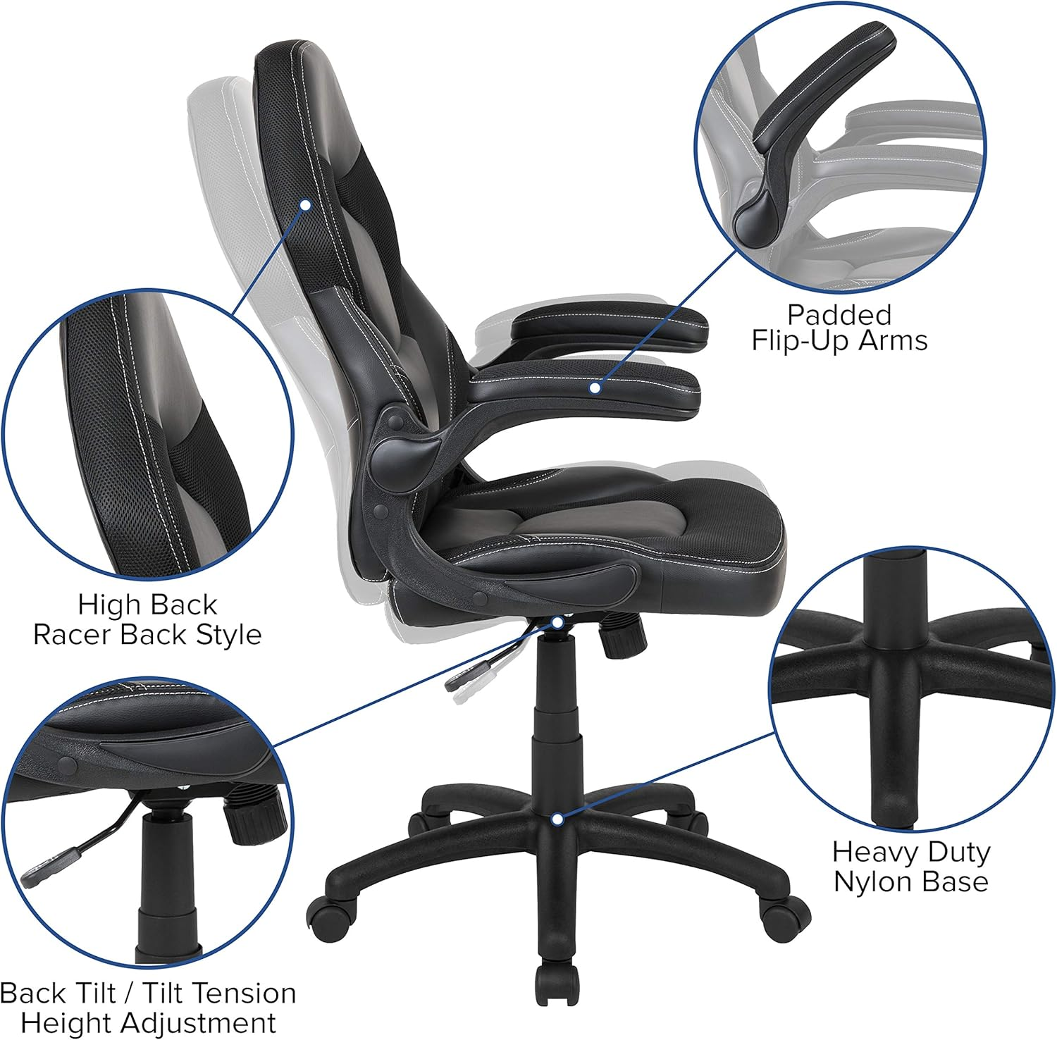 Flash Furniture X10 Gaming Chair Racing Office Ergonomic Computer PC Adjustable Swivel Chair with Flip-Up Arms, Black Leathersoft - Black image number 6