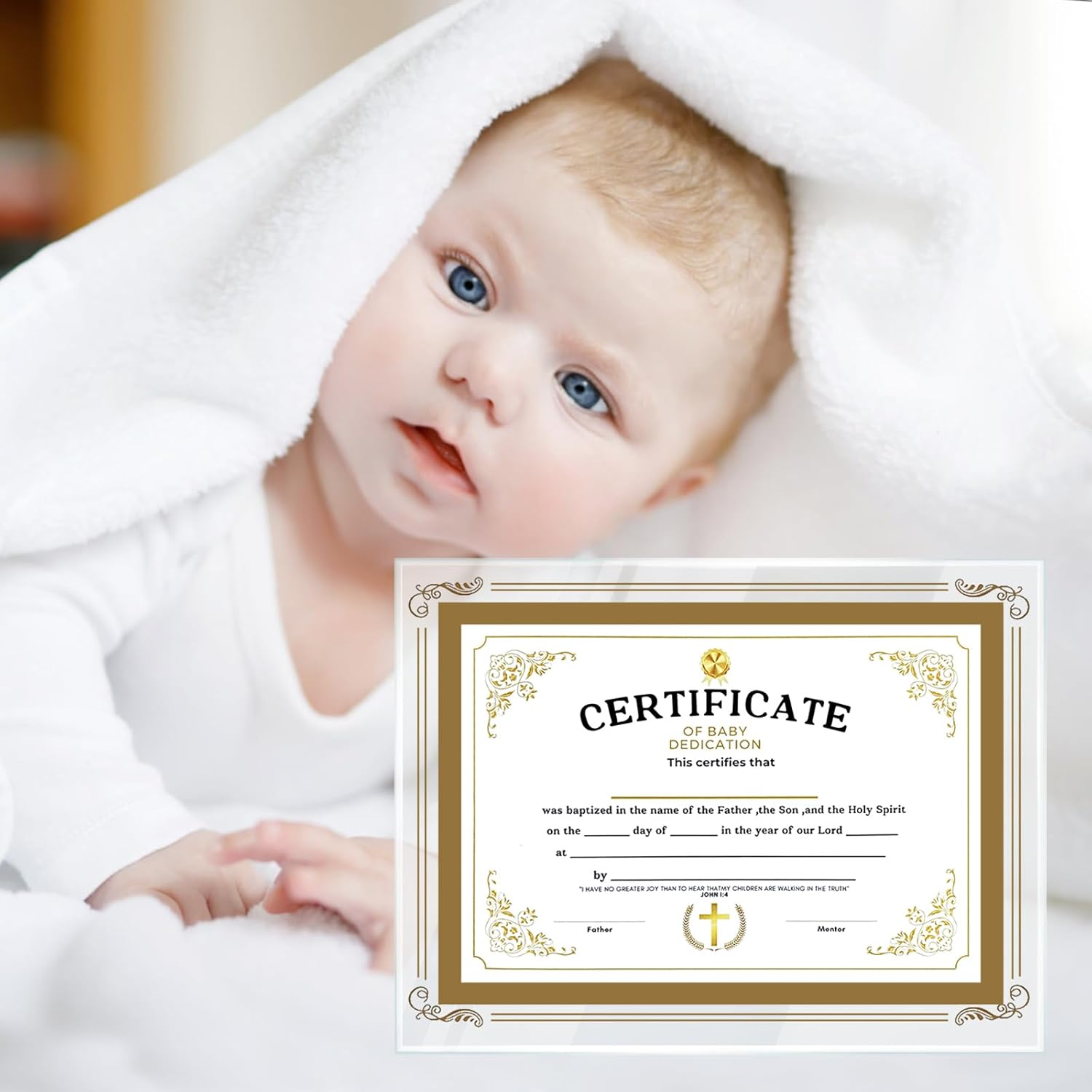 Baptism Certificates for Church, with Glass Frame, Perfect Baptism Keepsake, Gold Foil Cross Certificates of Baby Christening Dedication image number 5