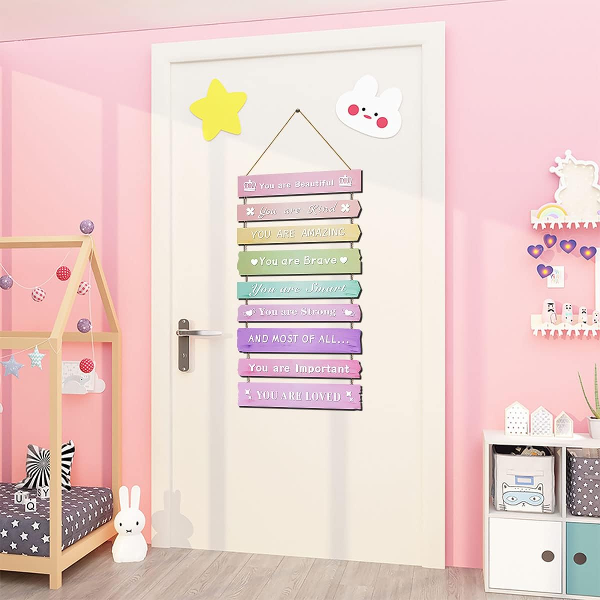 Pink Room Decor for Teen Girls Aesthetic, Cute Bedroom Wall Decor for Baby Girl, Boho Rainbow Wall Art Signs, Trendy Stuff Decorations for Kids Nursery Bed Room Dorm Classroom Bathroom