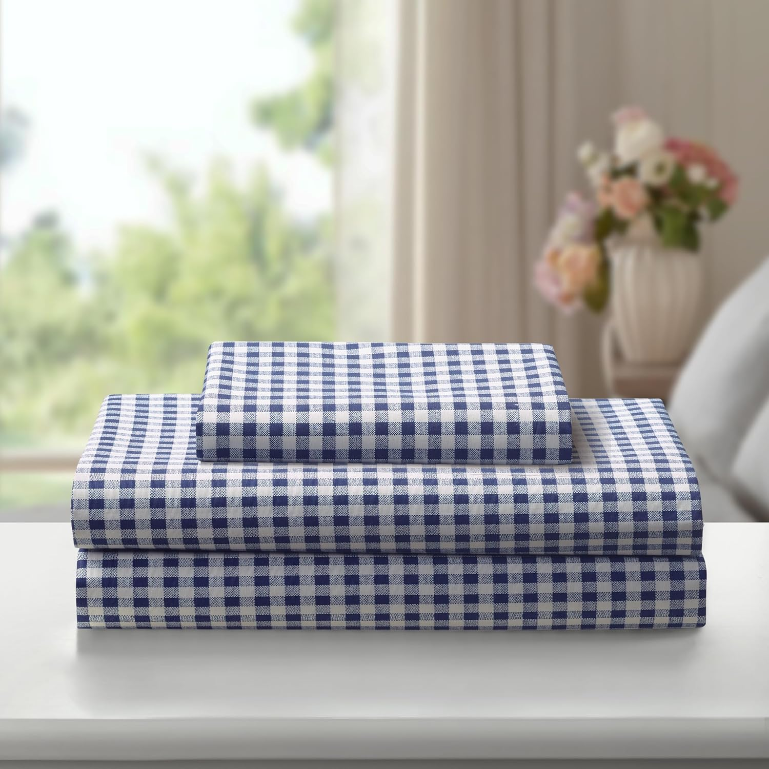 Laurel & Mayfair 250Tc 100% Cotton Gingham Print Sheet Set, Twin, Navy image number 1