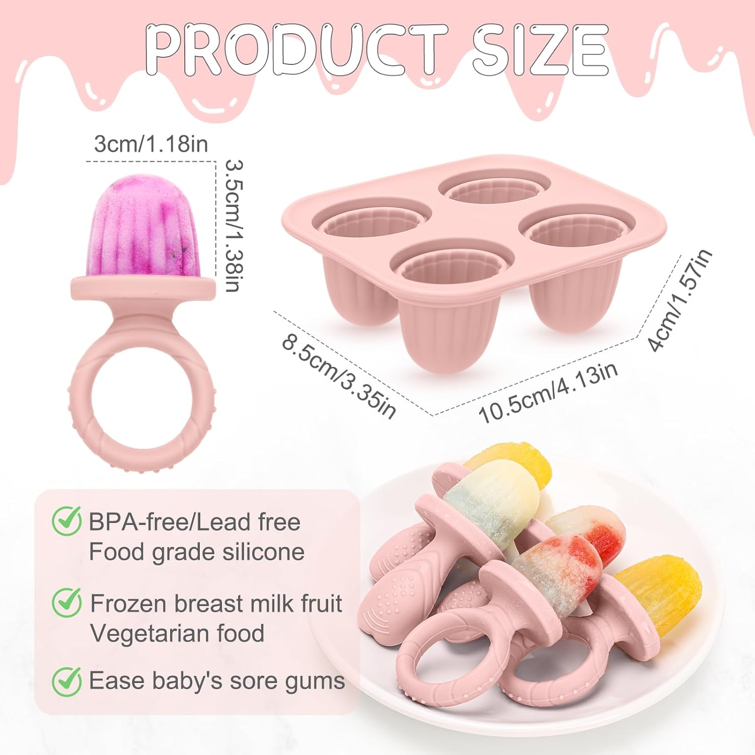 MR.TIMELAG Baby Fruit Feeder & Popsicle Molds 6-In-1 Set - Silicone Teething Mitts, Freezer Trays, Pacifiers & Ice Lolly Makers (Pink Bear + Smiley) - Bpa-Free Infant Feeding & DIY Frozen Treat Kit image number 5