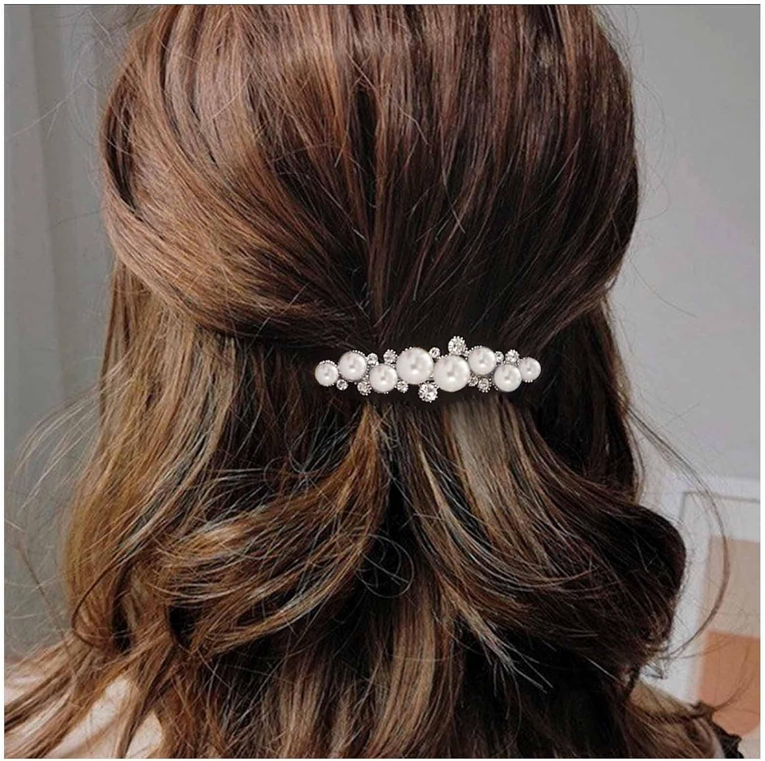 Enautoabs Silver Crystal Pearl Hair Clip Pearl Hair Clip Wedding Rhinestone French Crystal Barrettes Decorative Accessories for Women Headpiece image number 4