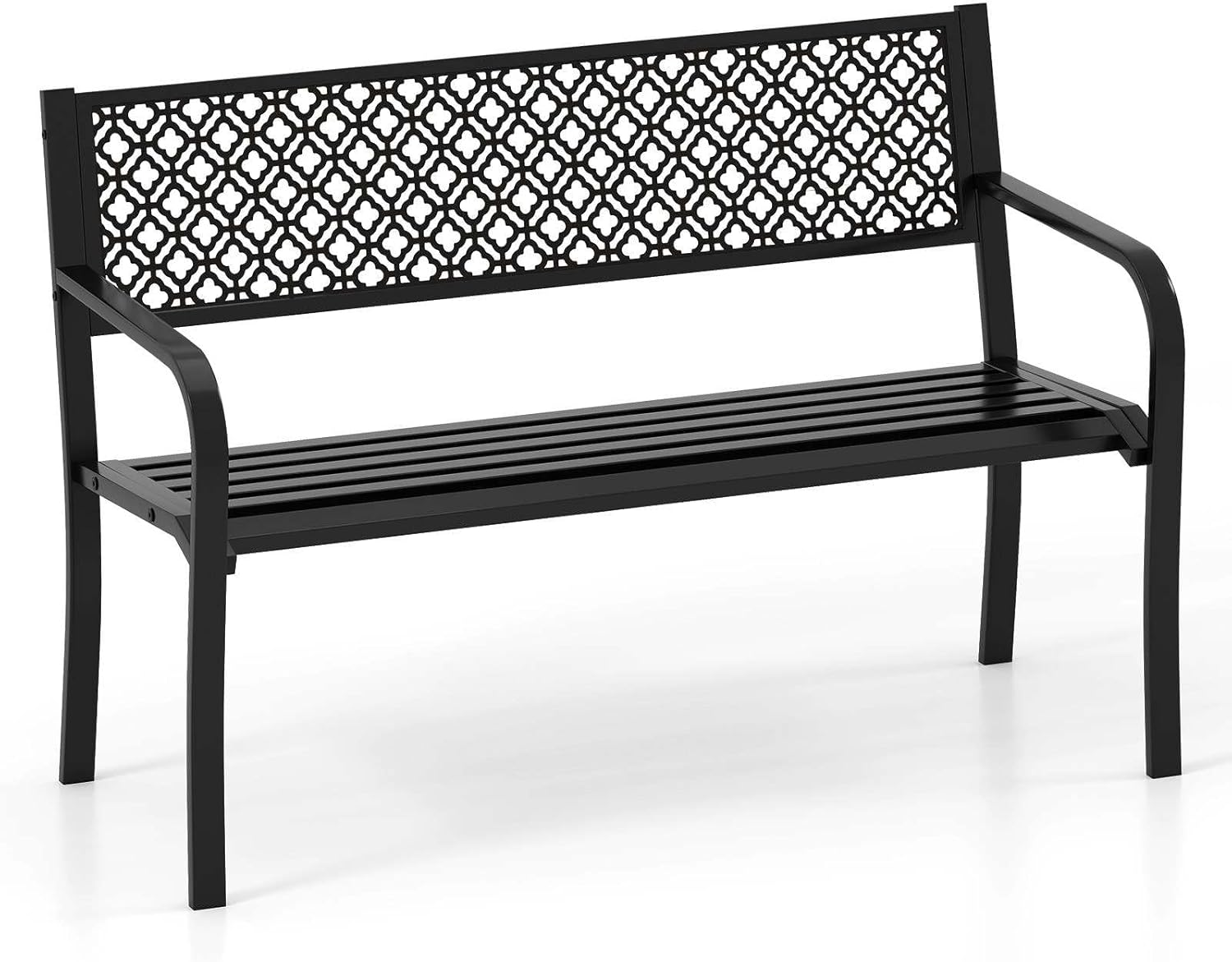 Costway 127 Cm Outdoor Garden Bench, Metal Patio Bench with Geometric Lattice Backrest, Armrests and Slatted Seat, Outdoor Loveseat Chair for Porch, Lawn and Yard (Black) image number 5
