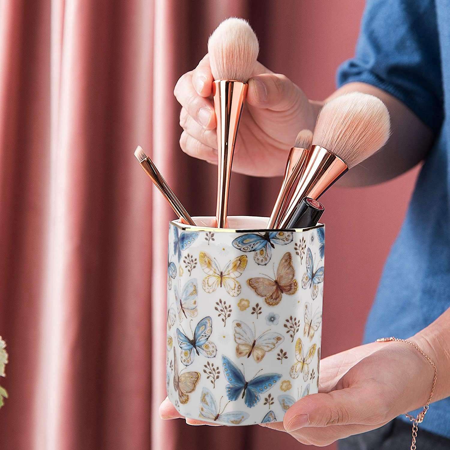 Jwest Pen Holder, Ceramic Shiny Gold Graphic Butterfly Pattern Pencil Cup for Girls Kids Women Durable Stand Desk Organizer Makeup Brush Holder Gift for Office, Classroom, Home Butterfly image number 2