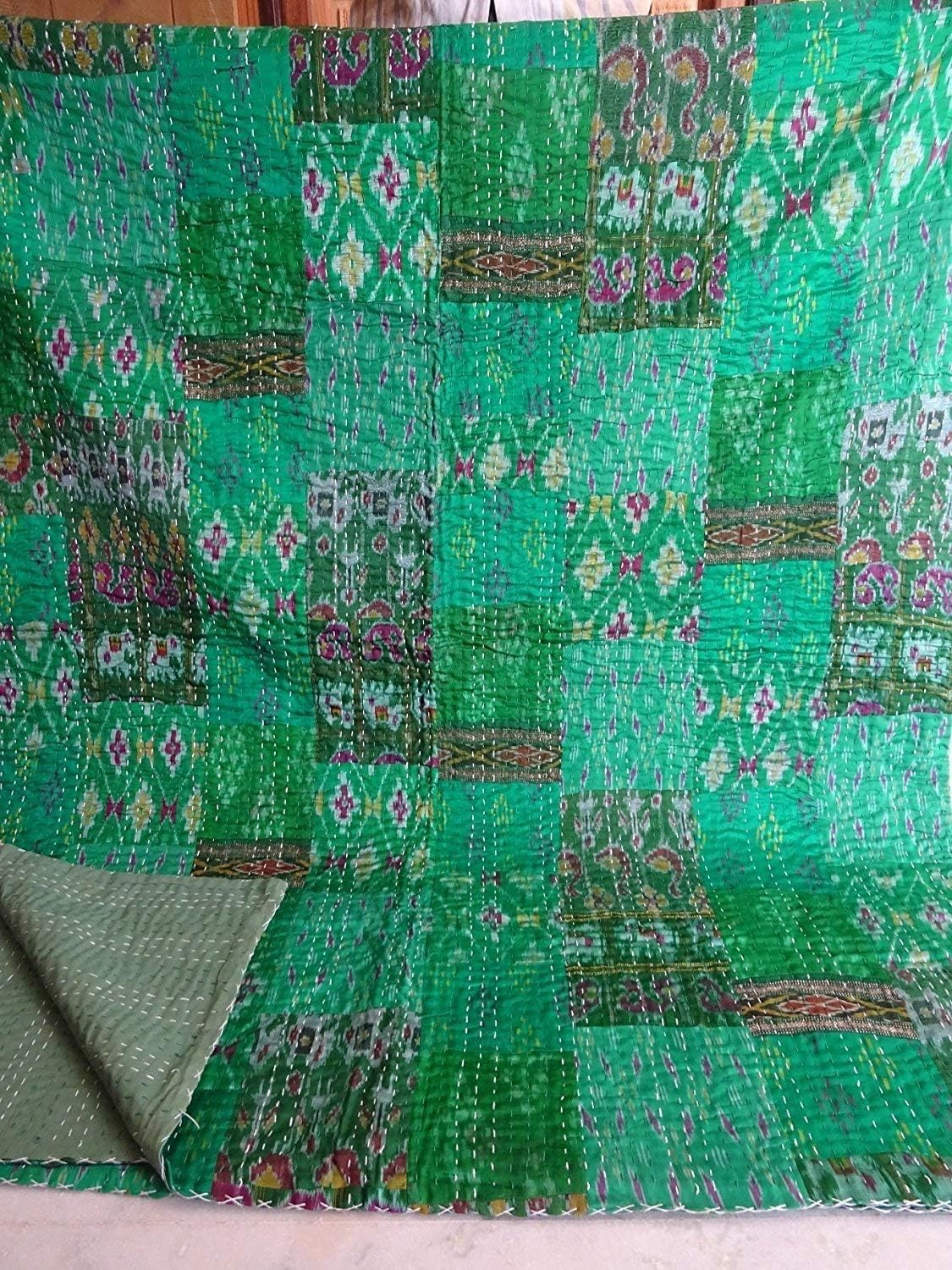 Indian Quilt -Vintage Quilt Old Patola Indian Silk Sari Kantha Quilted Patchwork Bedspread Bohemian Kantha Throws Silk Patola Quilt, Bed Cover,Size 90" X 108" (Multi) image number 6