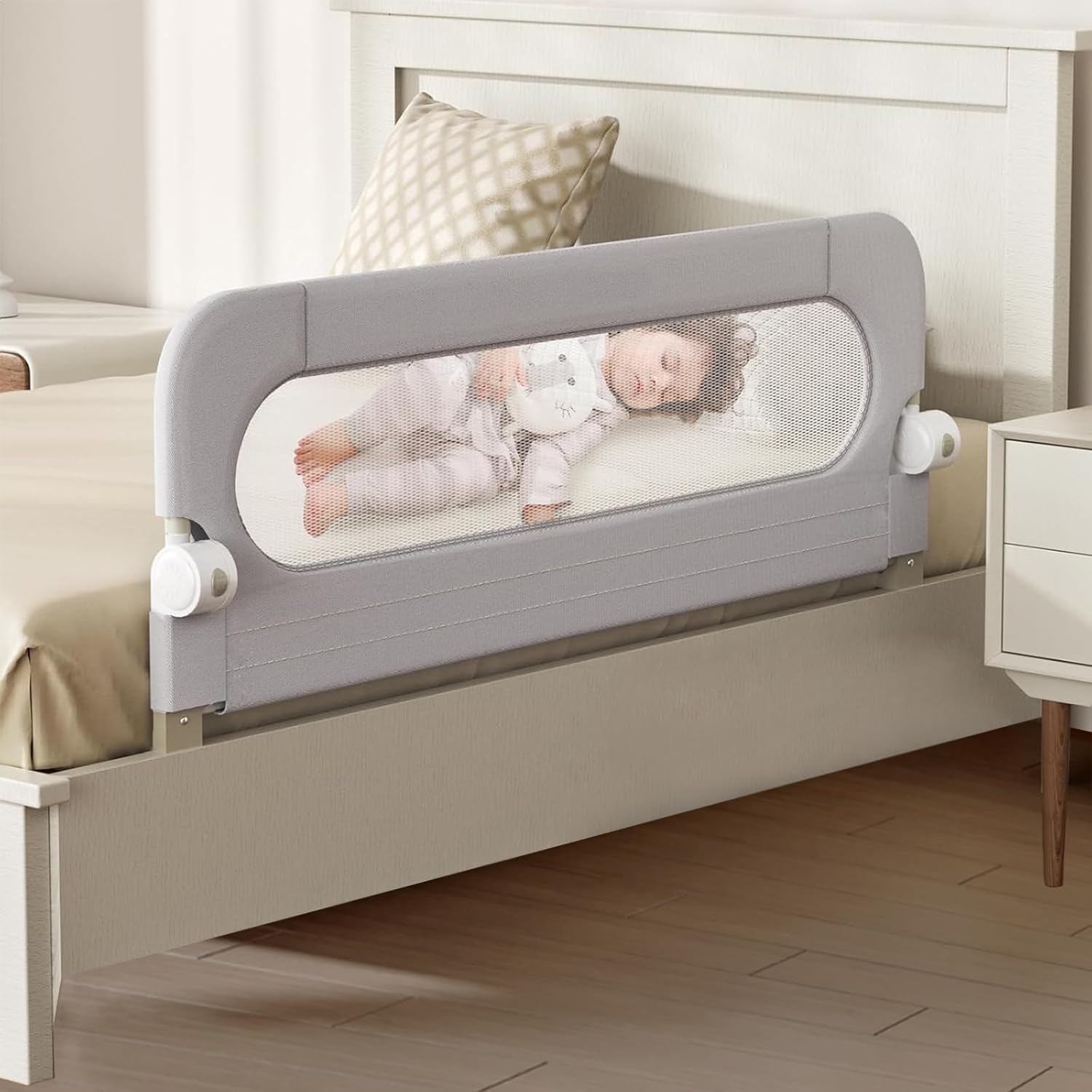 Foldable Bed Rail for Toddlers, 120/150/180/200 Cm Swing down Bed Bumper, 68-83 Cm Height Adjustable Nursery Bed Rails, for Twin, Double, Full, Queen & King Size Mattress (Grey, 150CM) image number 4