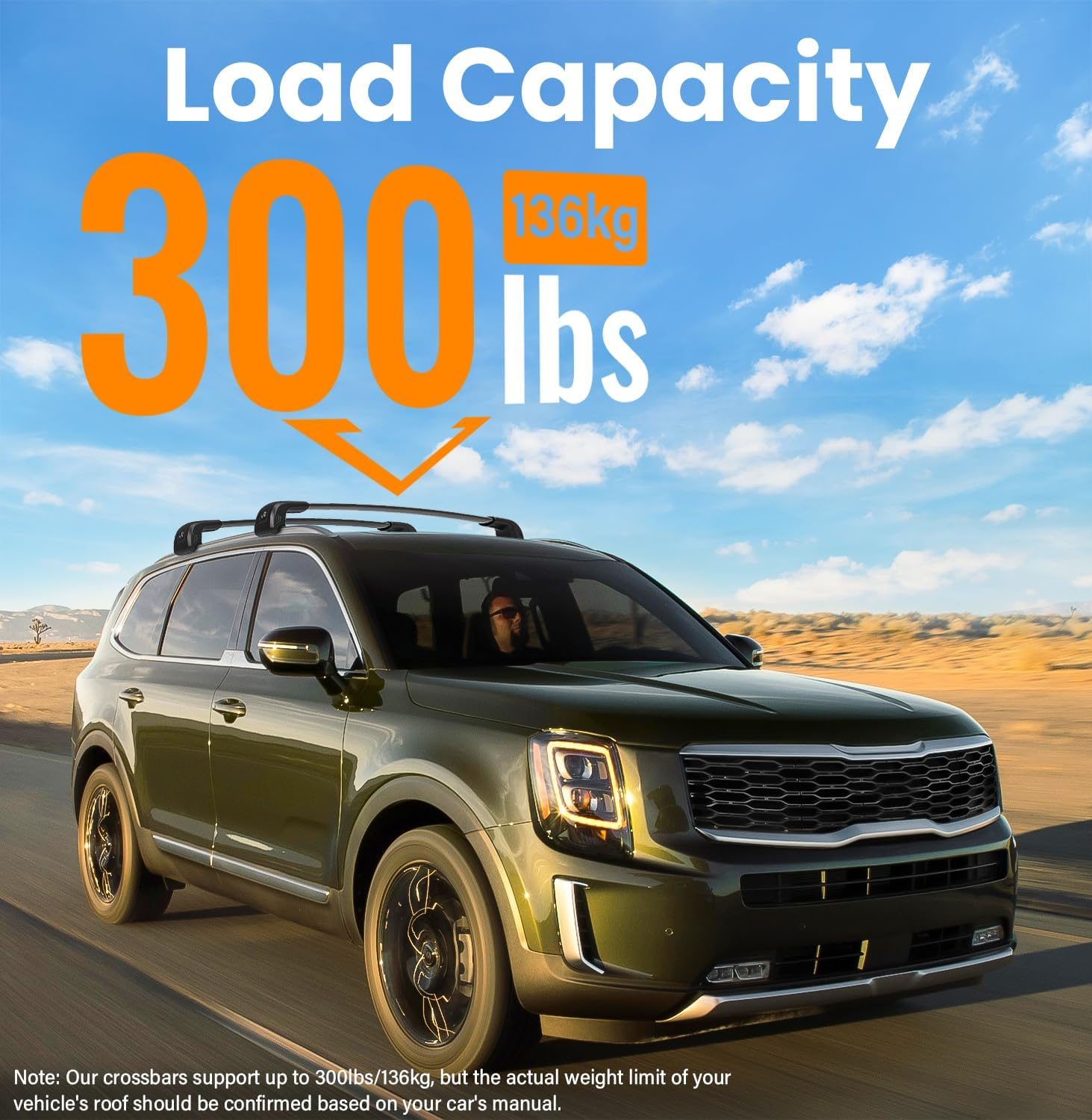 300LBS Roof Rack Cross Bars Compatible with 2019-2025 Kia Telluride S SX SX-P EX with Lock, Aluminum Crossbars for Rooftop Cargo Carrier Luggage Kayak Bike Snowboard(Except X-Line and X-Pro) image number 3