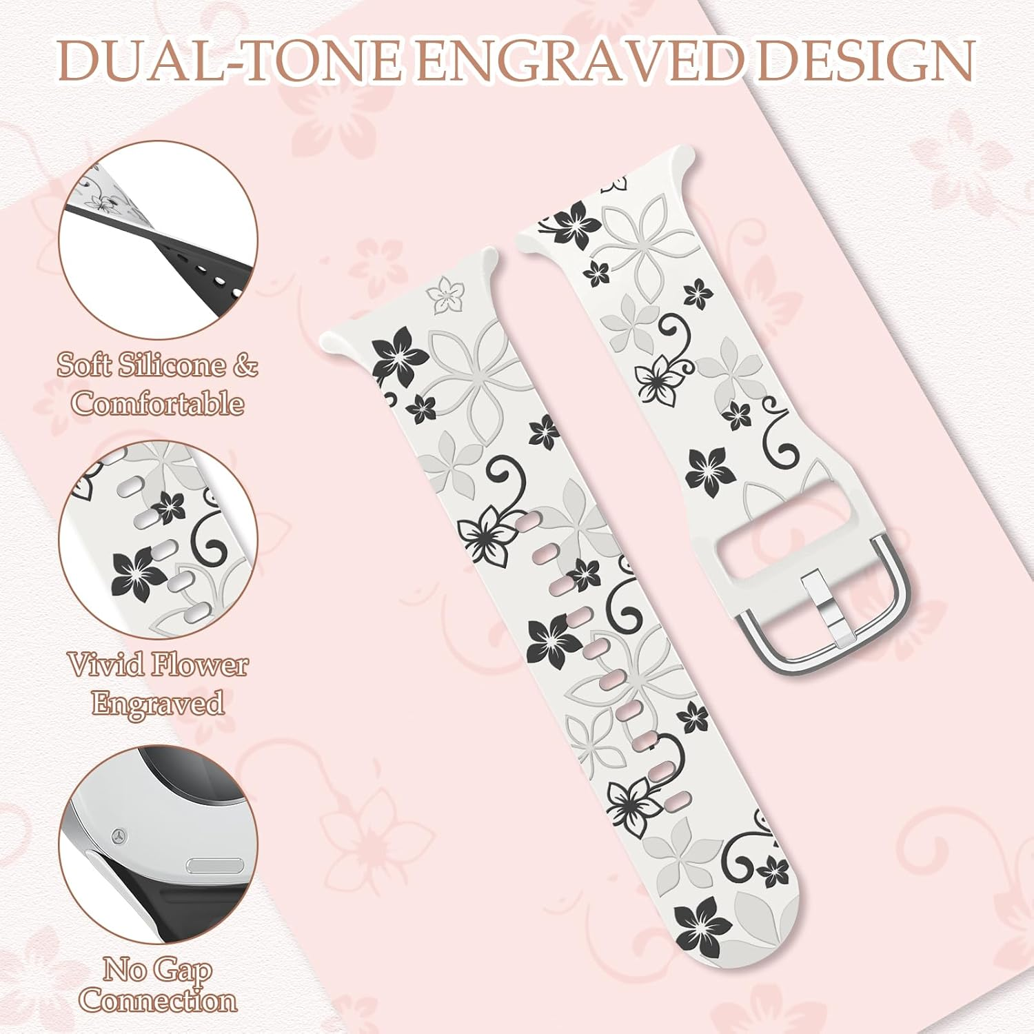 Flower Engraved Strap for Samsung Galaxy Watch 8 40Mm 44Mm/Galaxy Watch 8 Classic 46Mm Band Women,No Gap Soft Cute Floral Silicone Two-Tone Wristband - 01-Black Pink image number 5