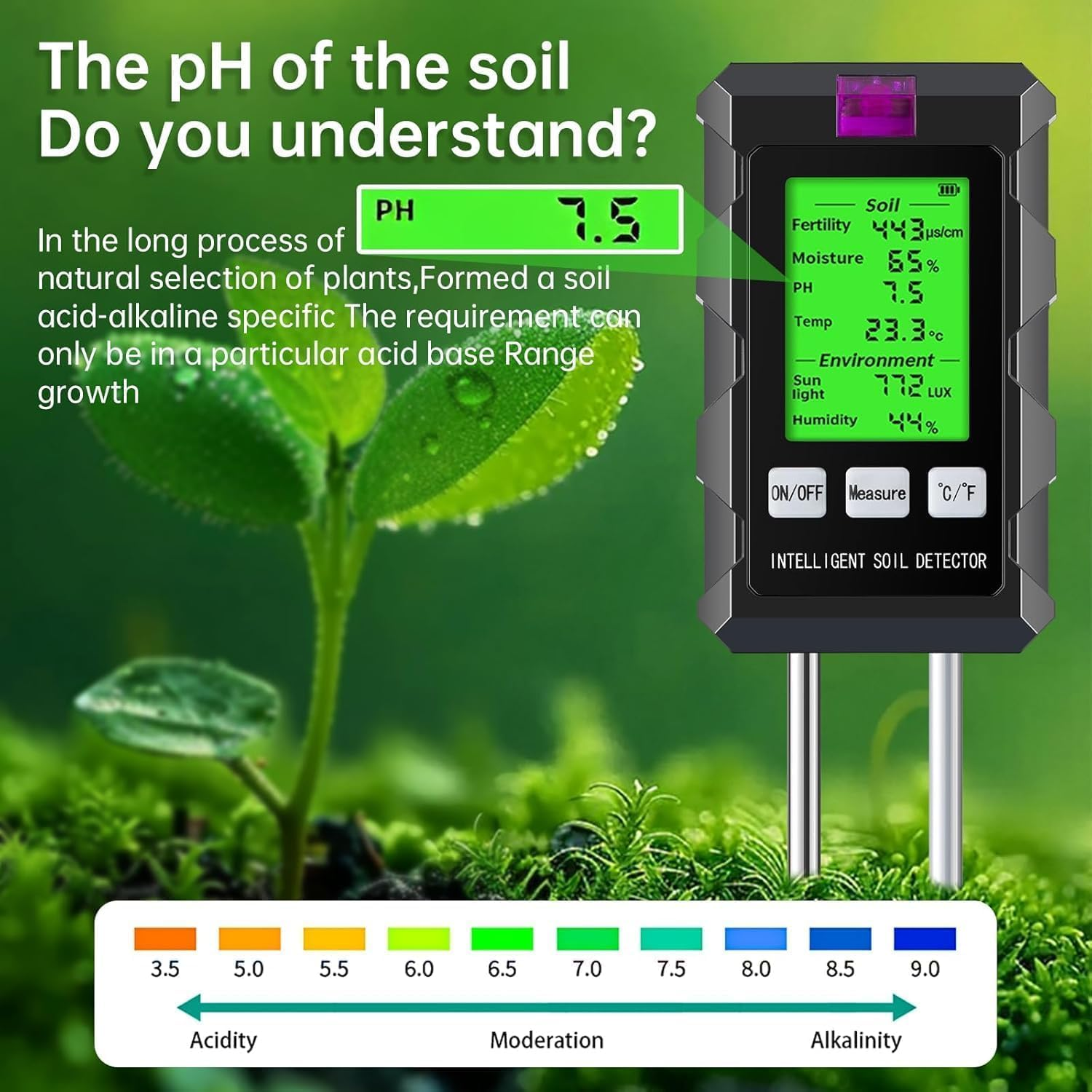 6-In-1 Soil Moisture Meter, Soil Test Kit with Soil Moisture/Ph Meter/Temperature/Sunlight/Air Humidity/Soil Fertility, Soil Tester for Farming, Gardening and Outdoor Plants (2*AAA Battery Needed) image number 5