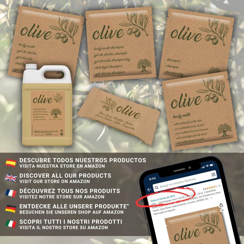 GPQ - Olive Shower Gel, 400 Units X 8 G, Hotel Equipment, with Olive Oil, Paraben-Free, for Hotels, Country Houses, Apartments, Cruise Ships, Airbnb, B&B, Etc image number 4