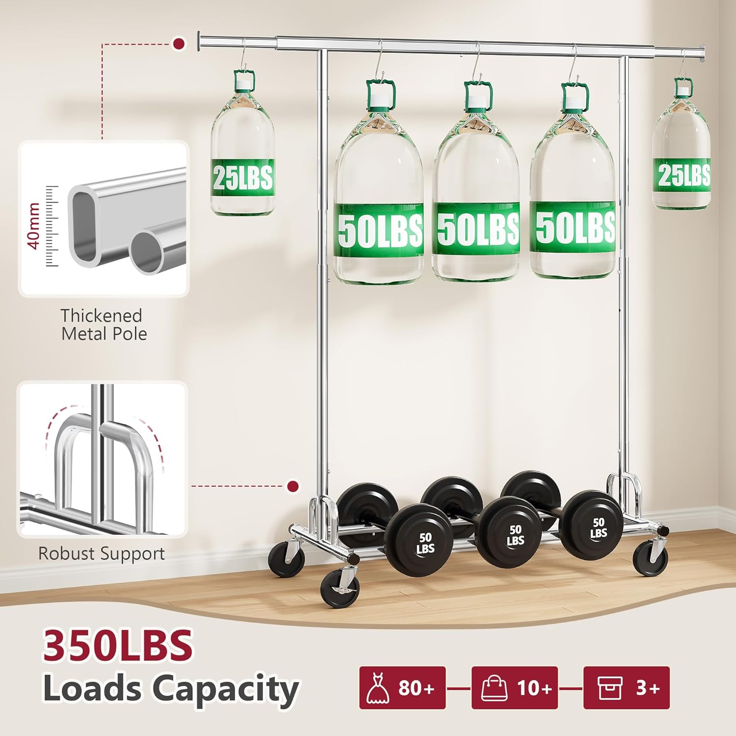 Tajsoon Clothing Rack Heavy Duty Clothes Rack Load 350 LBS, Rolling Clothes Racks for Hanging Clothes with Wheels & Extendable Rod, Collapsible Garment Rack with Bottom Shelf, Commercial, Chrome image number 1