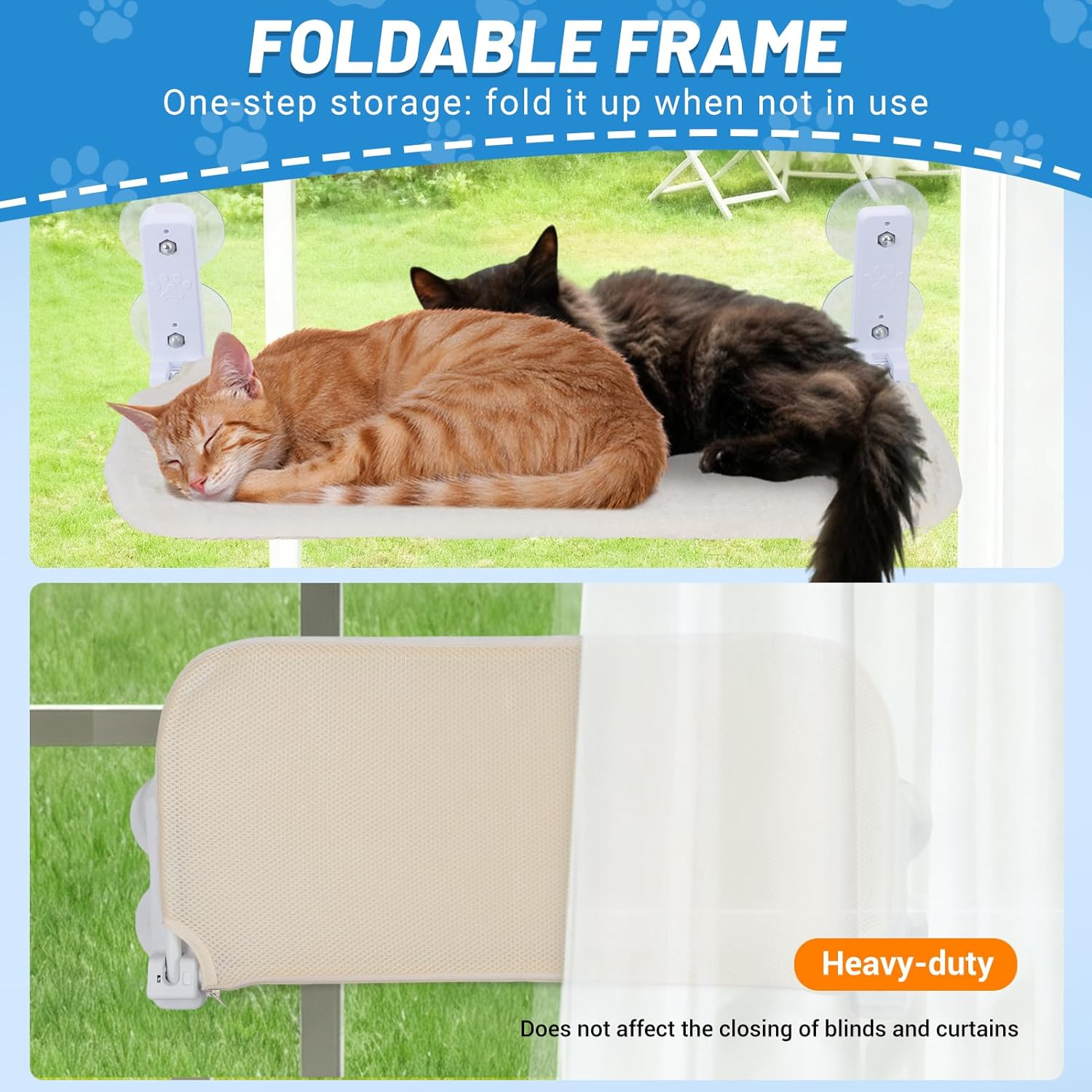 Cordless Window Perch Cat Hammock, Cat Hammock Foldable Window Perch Bed, Cats Viewing Platform Seat with Pad for Indoor, Sunbathing and Bird Watching (Beige, 23.6X12In(60X30Cm))