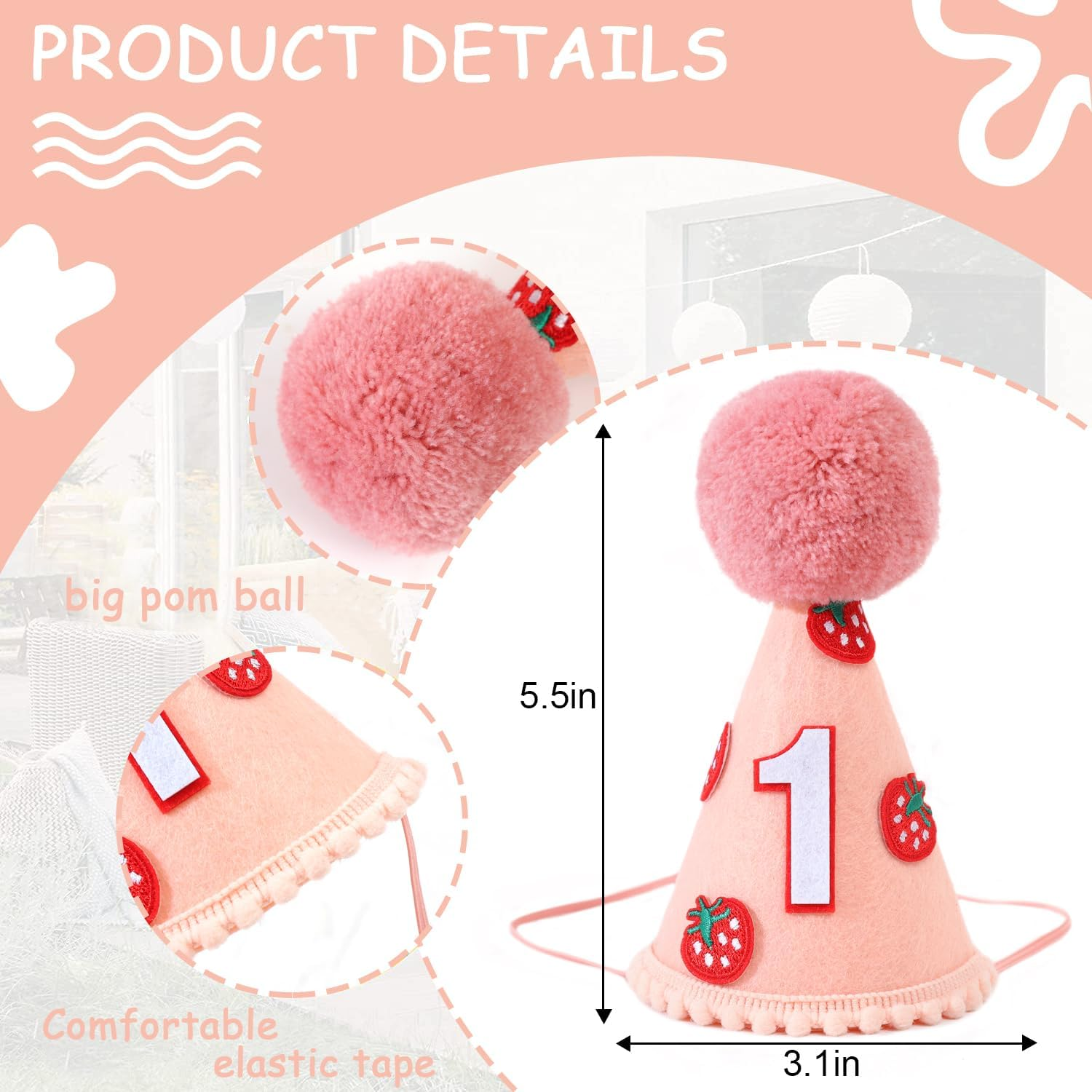 Agkvw Strawberry 1St Birthday Hat - Sweet One Birthday Decoration, Strawberry Birthday Crown, Pink Felt First Birthday Hat for Baby Girls image number 1