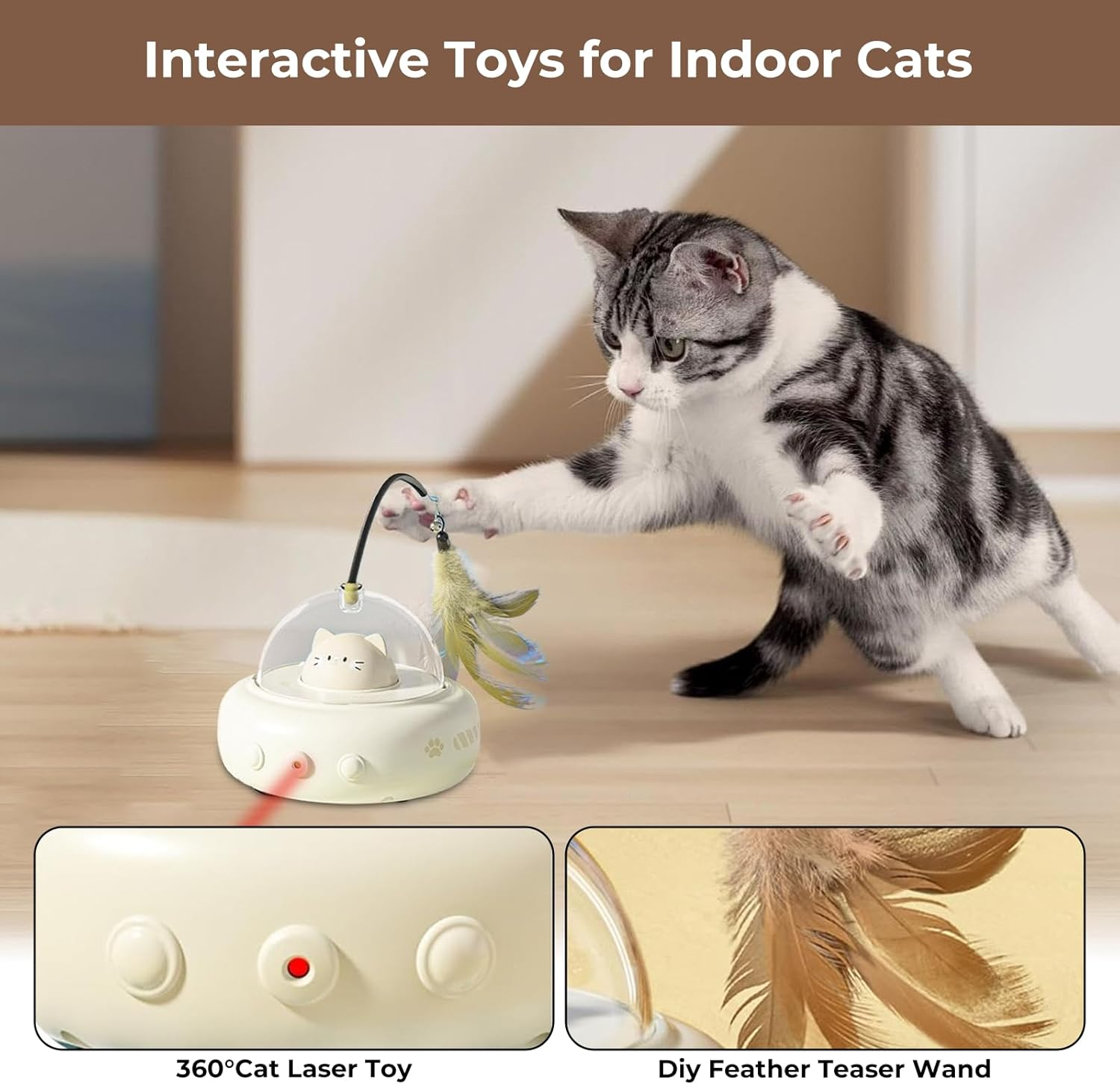 VCCLFSIA Automatic Laser Cat Toy, 2-In-1 Interactive Cat Toys with Laser and Feather Cat Wand for Indoor Cats, Self-Moving Rechargeable Cat Teaser Toys image number 6