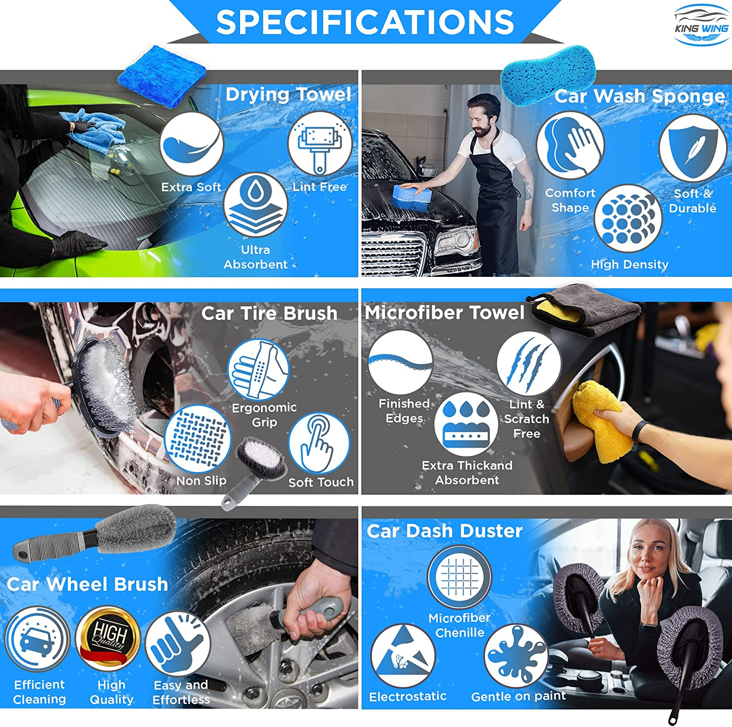King Wing Car Wash Kit-30Pcs, Interior and Exterior Car Cleaning Tools Kit Includes Multi Size Microfiber Towels, Scrapper, Sponge, Mitt, Duster, Brushes, Wax Pads, Collapsible Bucket, Tire Repair Kit image number 6