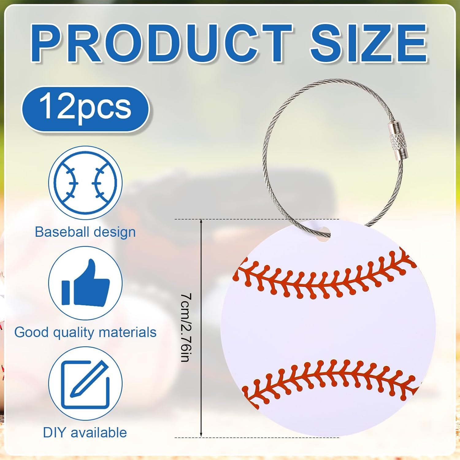 Lyreh 12Pcs Baseball Luggage Tags, 2.76In PVC Name ID Card with Metal Ring Baseball Keychain Personalize Travel Bag Labels for Women Men Suitcases Backpack Sport Team Favors image number 1