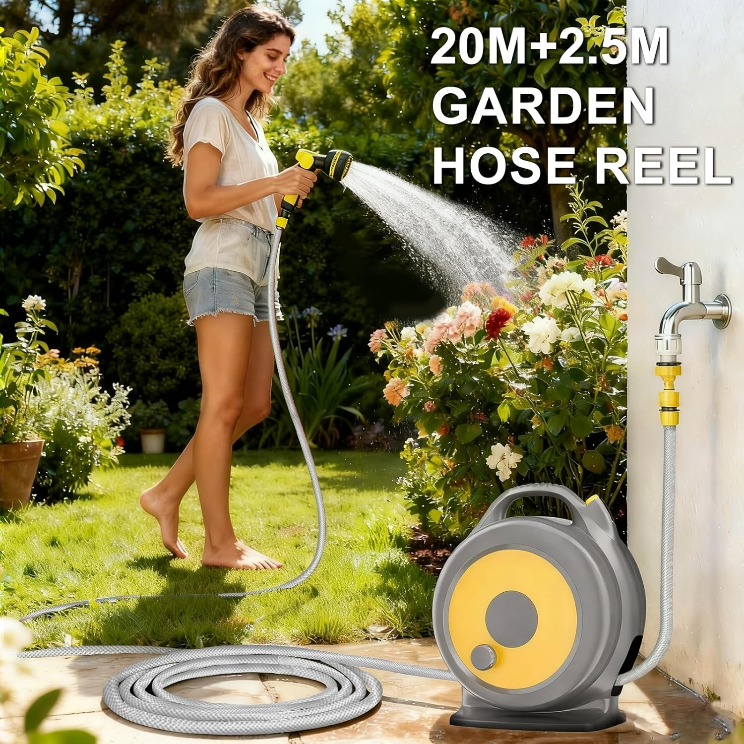 20M+2.5M Garden Hose Reel with 10 Function Sprayer Nozzle, Manual Retractable Hose Reel, Easy Storage, Durable, Frost Protection, Garden Pipe Hose Cart for Gardening, Car Washing, Pet Bathing image number 1