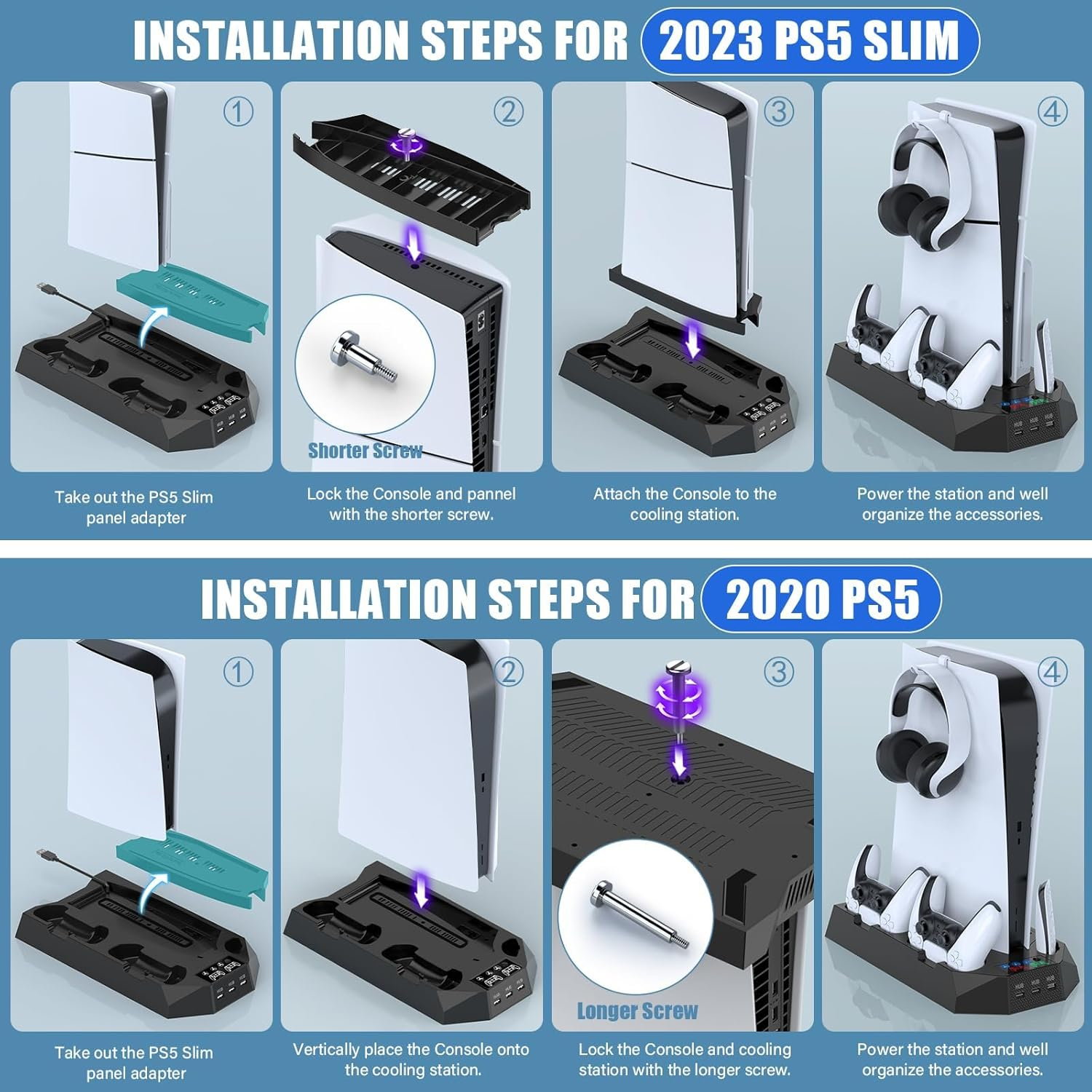 PS5 / PS5 Slim Stand and Cooling Station with Dual Controller Charging Station for Playstation 5 Console, PS5 Accessories Incl. Controller Charger, Cooling Fan, Headset Holder, 3 USB Hub, Screw-Black