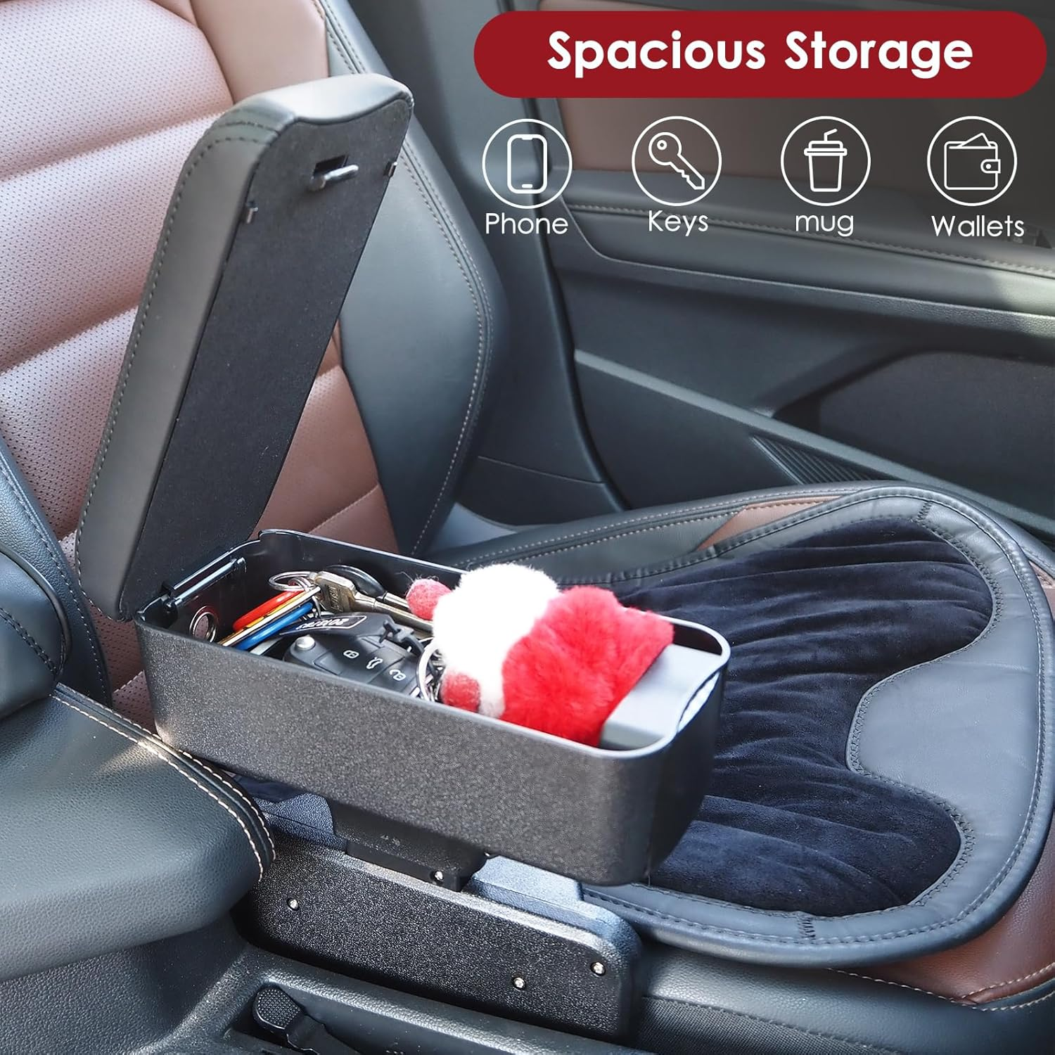 Upgrade Car Leather Armrest Expander Support Elbow Rest Pad, Universal Auto Armrest Box Gap Filler Organizer, Adjustable Height, with Cup Holder, Arm Rest Car Interior Accessories (Black) image number 2