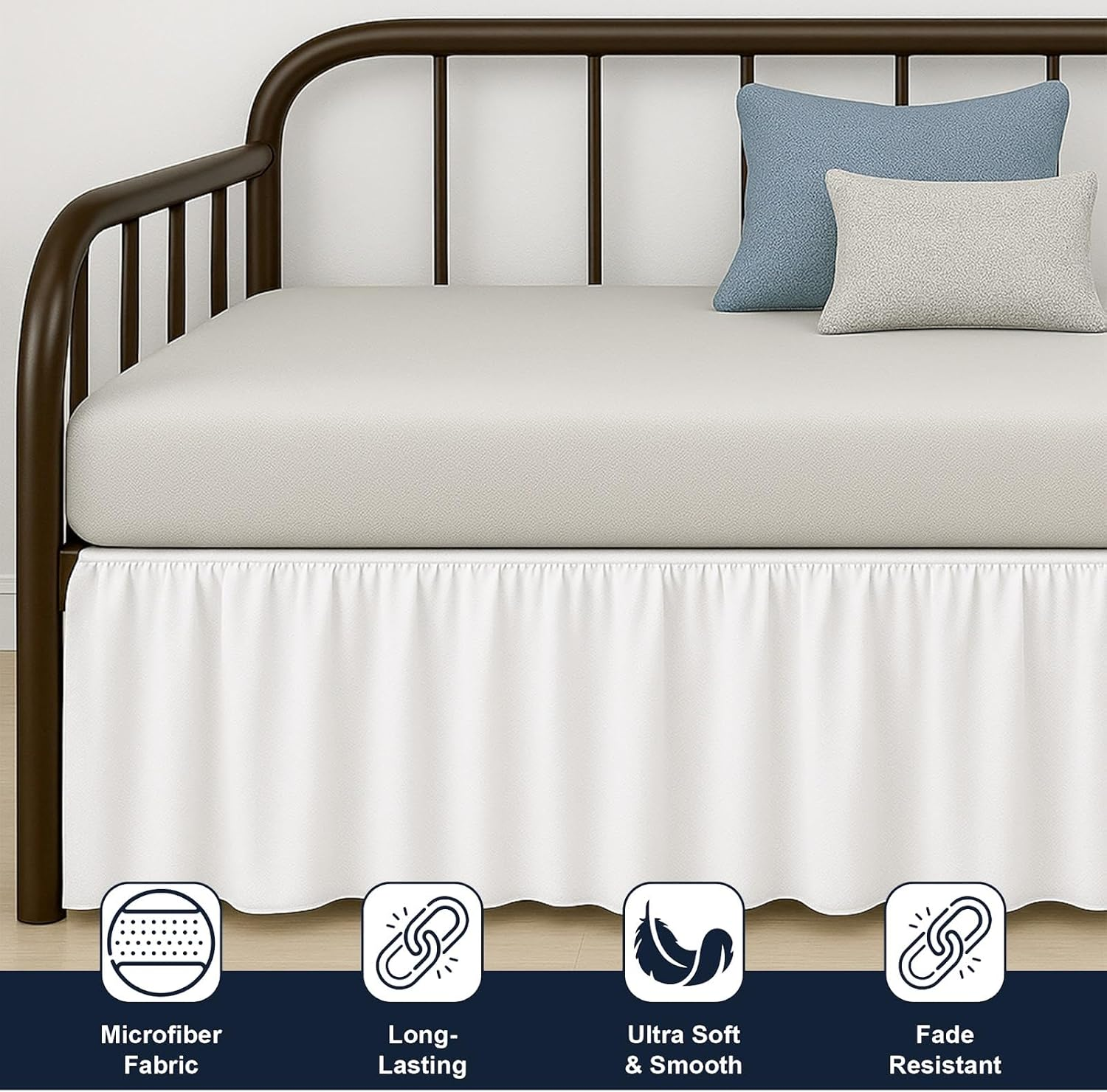 Cottington Lane Ruffled Daybed Skirt with Split Corner, Premium Hotel Quality Brushed Microfiber Twin Size Gather Dust Ruffle 18 Inch Drop Sofa Bedskirt, Easy Fit, Stay in Place, White image number 2