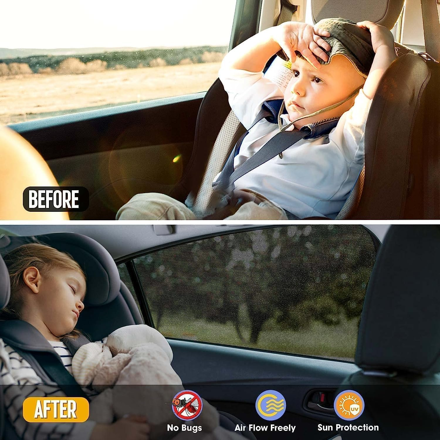 Car Window Sun Shade 4 Packs,Car Window Screen, Anti-Mosquito, Sunscreen Net, Cool and Breathable。 Universal Fit for Most of Cars－Protect Kids Pet from the Sun－Cover Full Windows