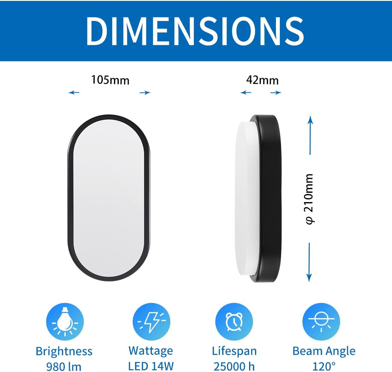 ANWIO 14W outside Black LED Oval Bulkhead Light, IP54 Waterproof Outdoor Porch Light, External Wall Ceiling Light, 980LM, 4000K Natural White (2 Pack) - 14W-Black Oval-2Pcs image number 5