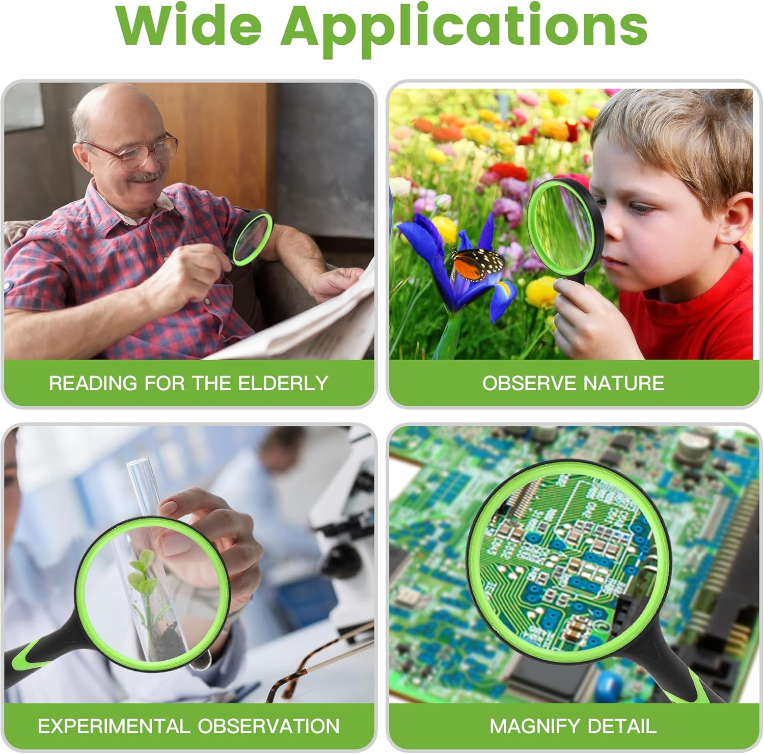 H HOKIZU 110Mm(4.4In) 10X Handheld Magnifying Glass, Shatterproof Magnifier for Kids Seniors,Real Glass Magnifying Lens for Book Newspaper Reading (Green) image number 5