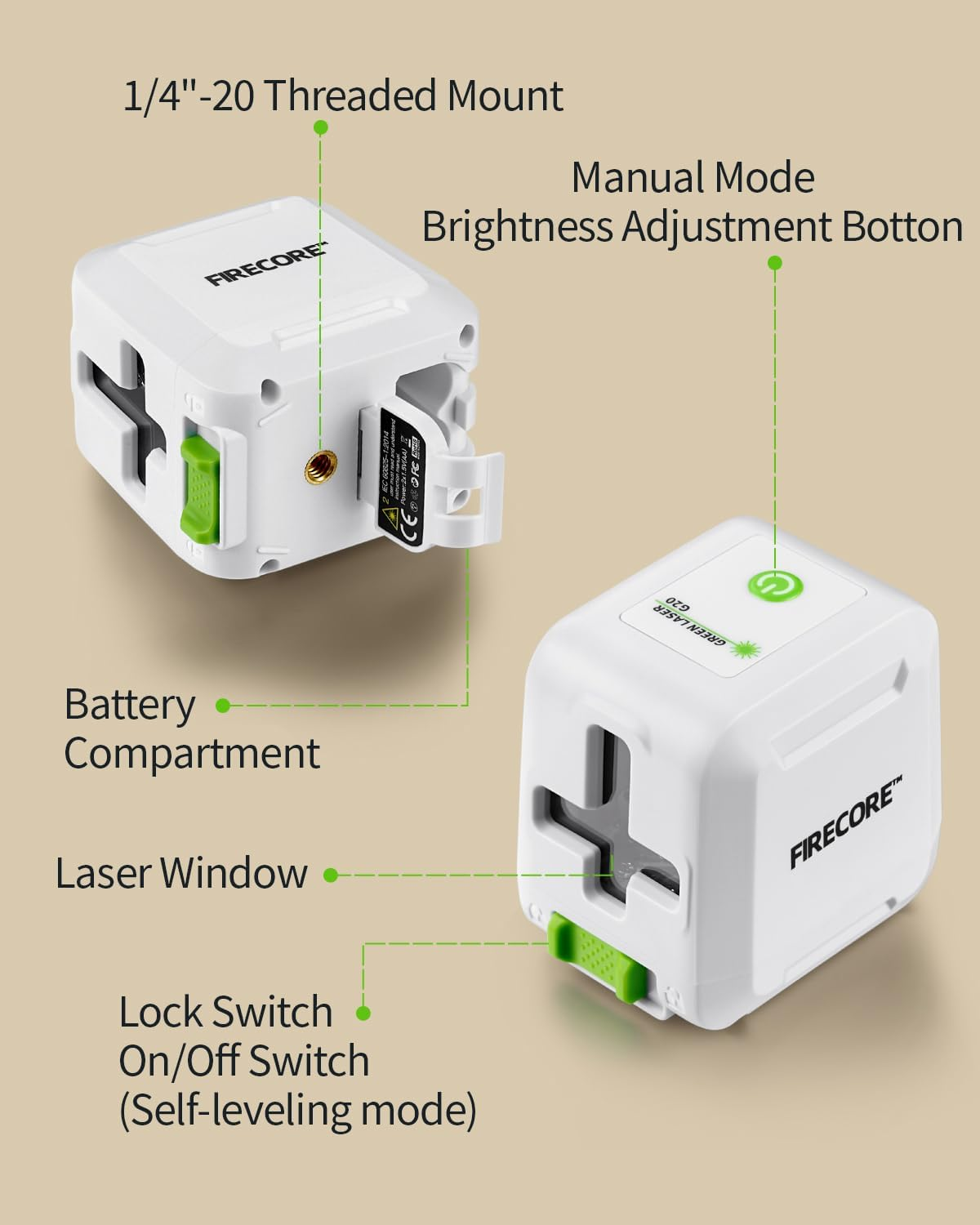 Laser Level, Firecore 82Ft Self Leveling Lazer Level, Green Cross Line Leveler Tool with Brightness Adjustment, DIY Laser Level for Picture Hanging and Indoor Projects, Battery, Carry Pouch Included image number 1