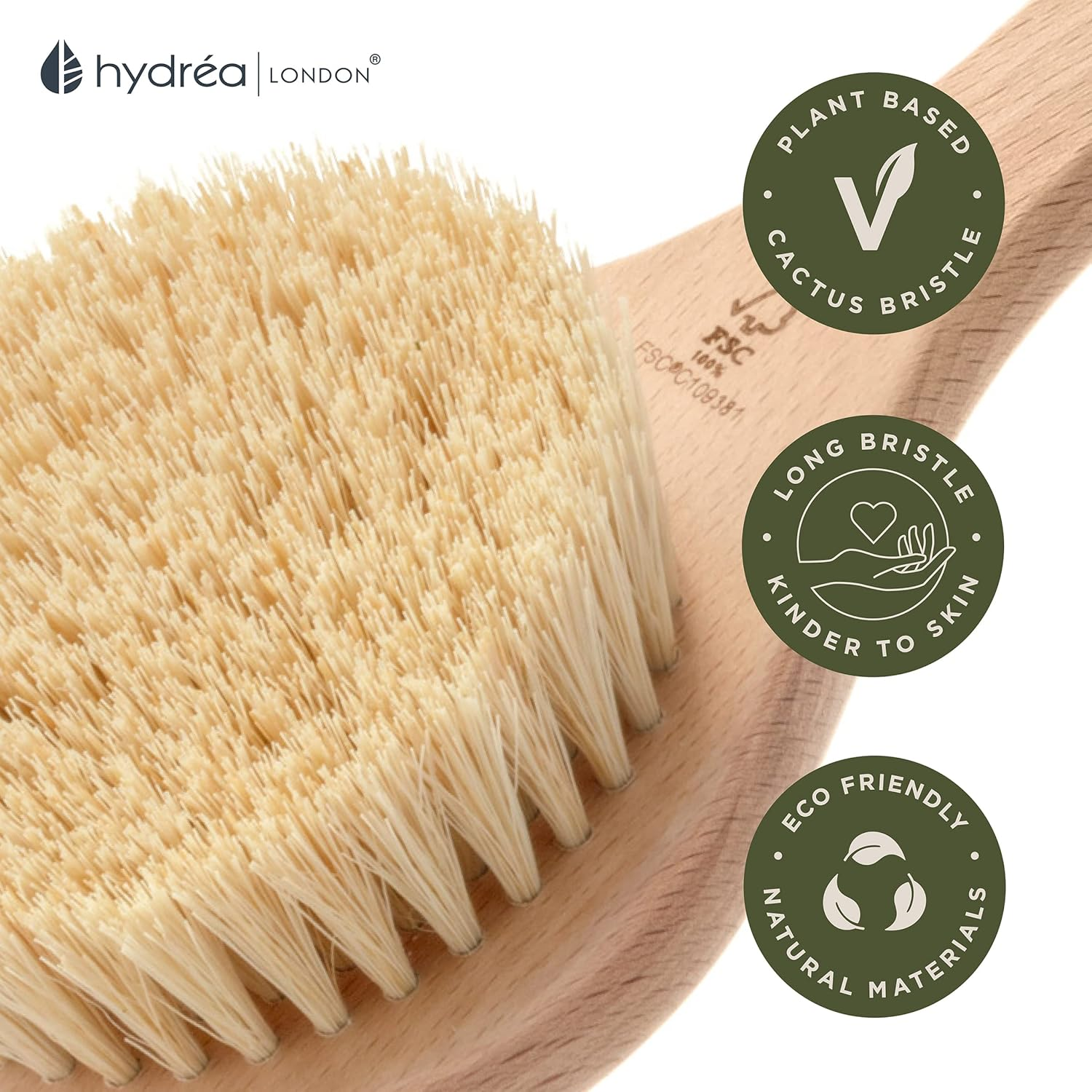 Hydrea London Dry Body Brush &ndash; Premium Exfoliating Dry Skin Brush Cactus Bristle, Vegan Dry Brush Cellulite Remover, Exfoliating Body Scrubber for Lymphatic Drainage, FSC&reg; Certified Beechwood - Brown image number 7