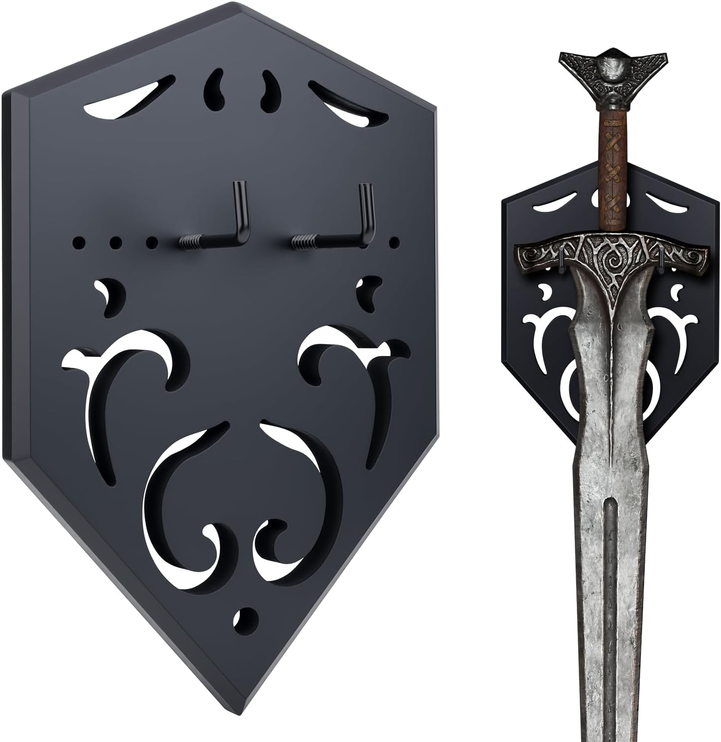 GAHEUNBB Sword Wall Mount Vertical Display Rack with Hollow-Carved Design Wall Holder for Medieval Swords Bows Axes & Props, Black image number 5