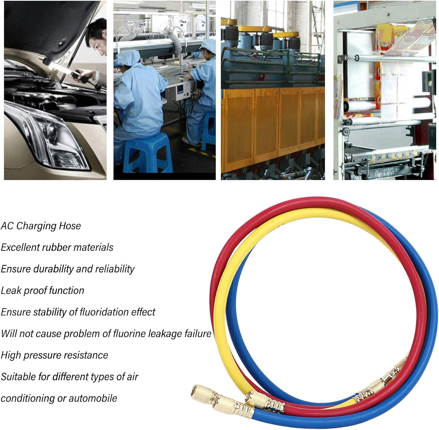 AC Charging Hoses Tube, 3Ft Refrigerant Charging Hose, Fits for R22 Refrigeration Tri Color, Car Air Conditioning and HVAC Manifold Gauge Hose Kit, Red, Yellow, Blue (Pack of 3)