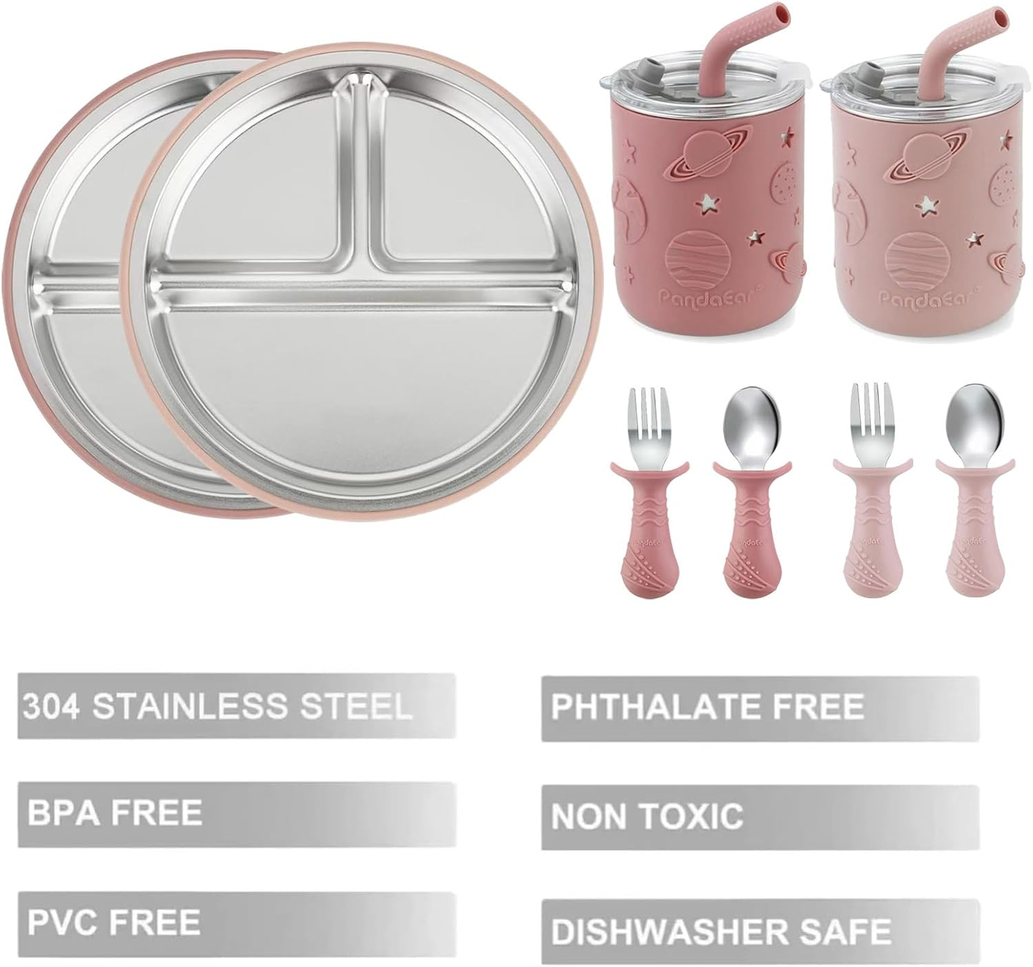 Pandaear Stainless Steel Baby Feeding Set | 2 Divided Suction Plates, 2 Spill-Proof Straw Cups with Silicone Sleeves, 2 Forks & 2 Spoons | Toddler Utensils for Baby Led Weaning, Bpa-Free image number 1
