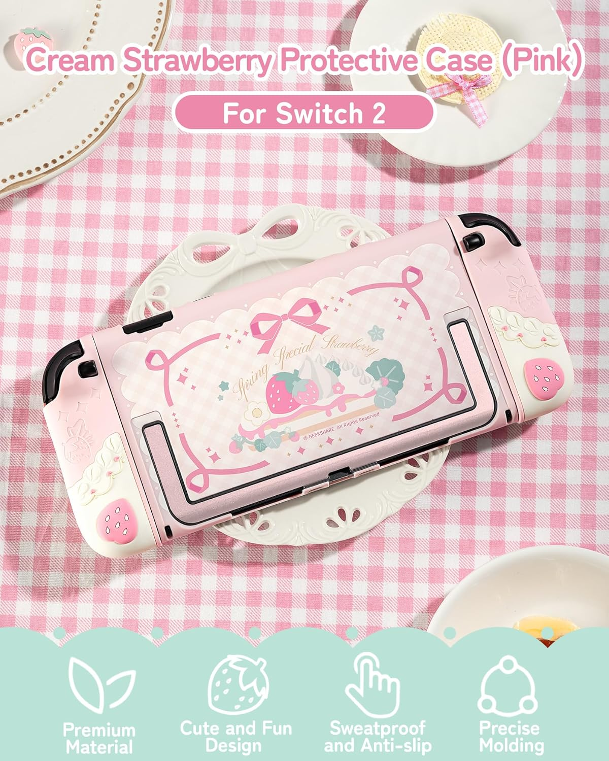 Geekshare Strawberry Protective Case Compatible with Switch 2, Slim Separable Soft Silicone Cover Shell with 2 Thumb Grip Caps for Switch 2025 Game Console & Joystick (Pink) - Pink image number 2