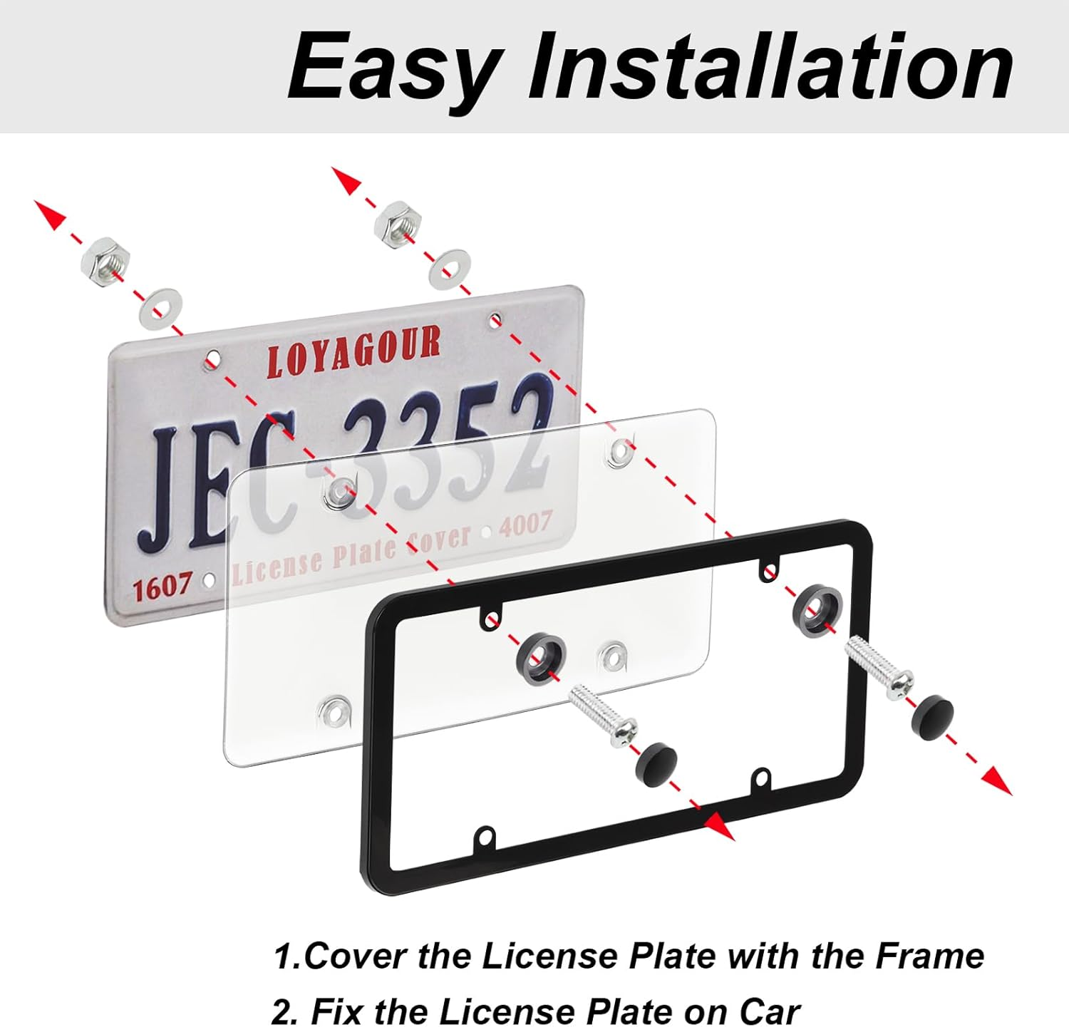 2Pack Transparent License Plate Cover and Frames,Clear Front and Rear License Plate Holder,Unbreakable Car Licence Plate Frame Protector Fits Any US Plates with Screws & Caps (Black Frame) image number 6