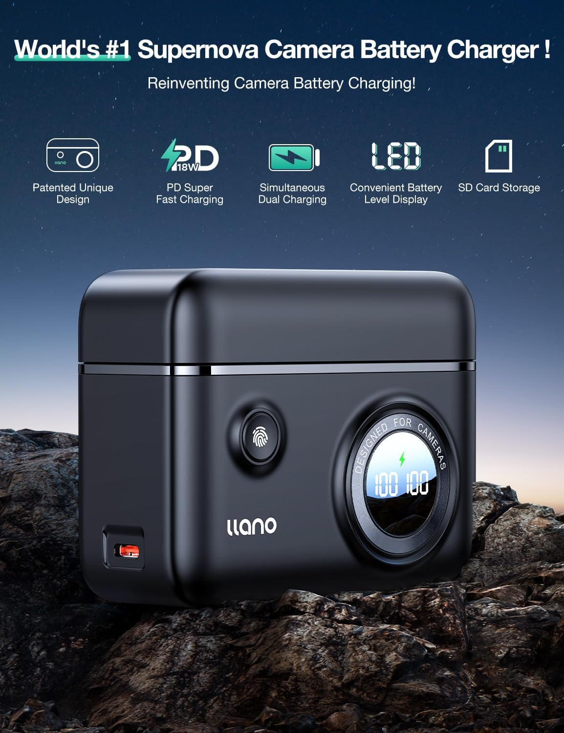 Llano LP-E6NH LP-E6P Camera Battery 18W Fast Dual USB C Charger, Compatible with Canon EOS R5, R6 Mark II, R7, 5D 6D 7D Mark II III IV, 60D, 70D, 80D, Smart Digital Display, Magnetic Snap Cover image number 4