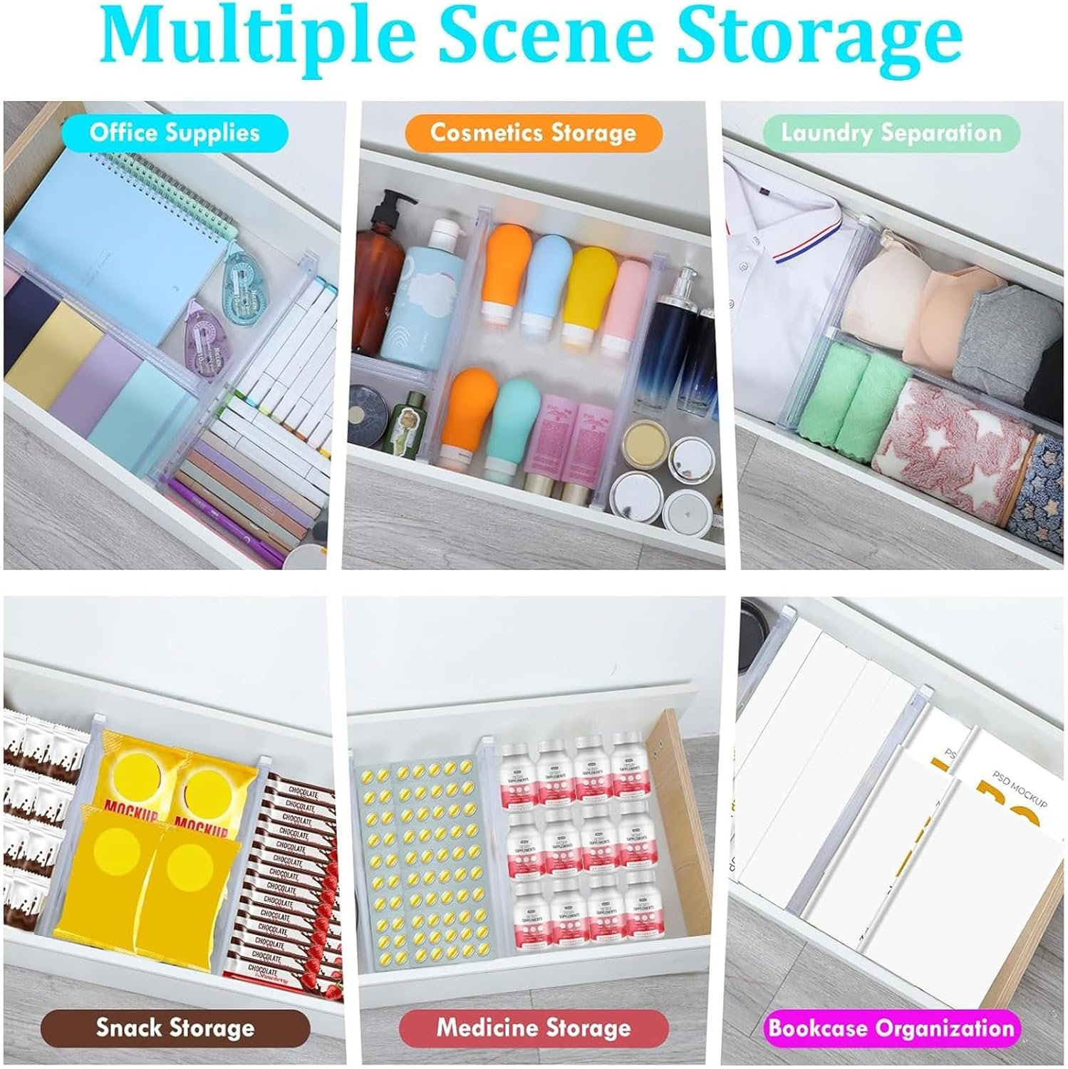 Goyuhome 6 Pack Drawer Dividers, Adjustable 3.2" High Expandable from 11"-20" Clear Plastic Organizers for Clothes, Kitchen Utensils and Office Storage image number 3